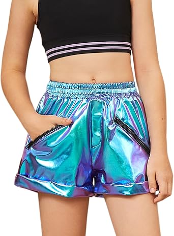 Girls Metallic Shorts Shiny Dance Outfits Sparkly Hot Pants Party Costumes Shorts with Zipper Pockets