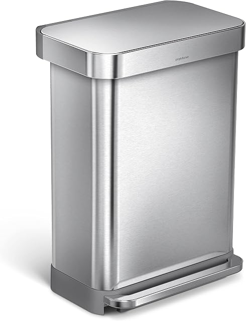 simplehuman CW2023 55L Rectangular Kitchen Pedal Bin with Liner Pocket, Silent Soft Close Lid, Strong Wide Pedal, Fingerprint-Proof, Brushed Stainless Steel, W 47.0cm x H 65.5cm x D 36.0cm