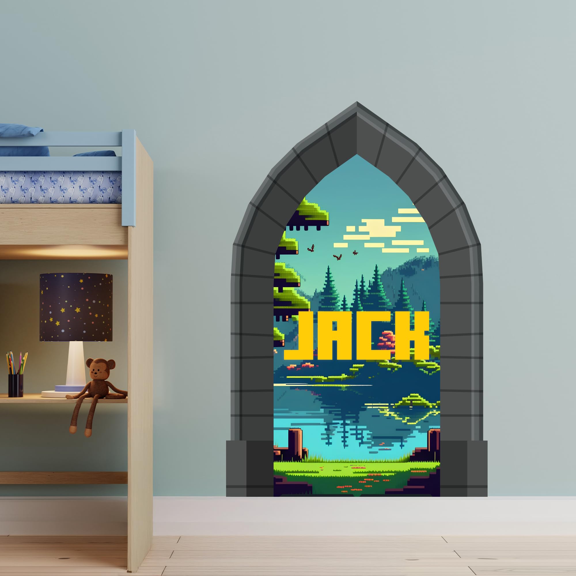 Boys Wall Sticker - Personalised Retro Gamer World Archway Door Decal Kids Bedroom Wall Art (120cm Height x 80cm Width)