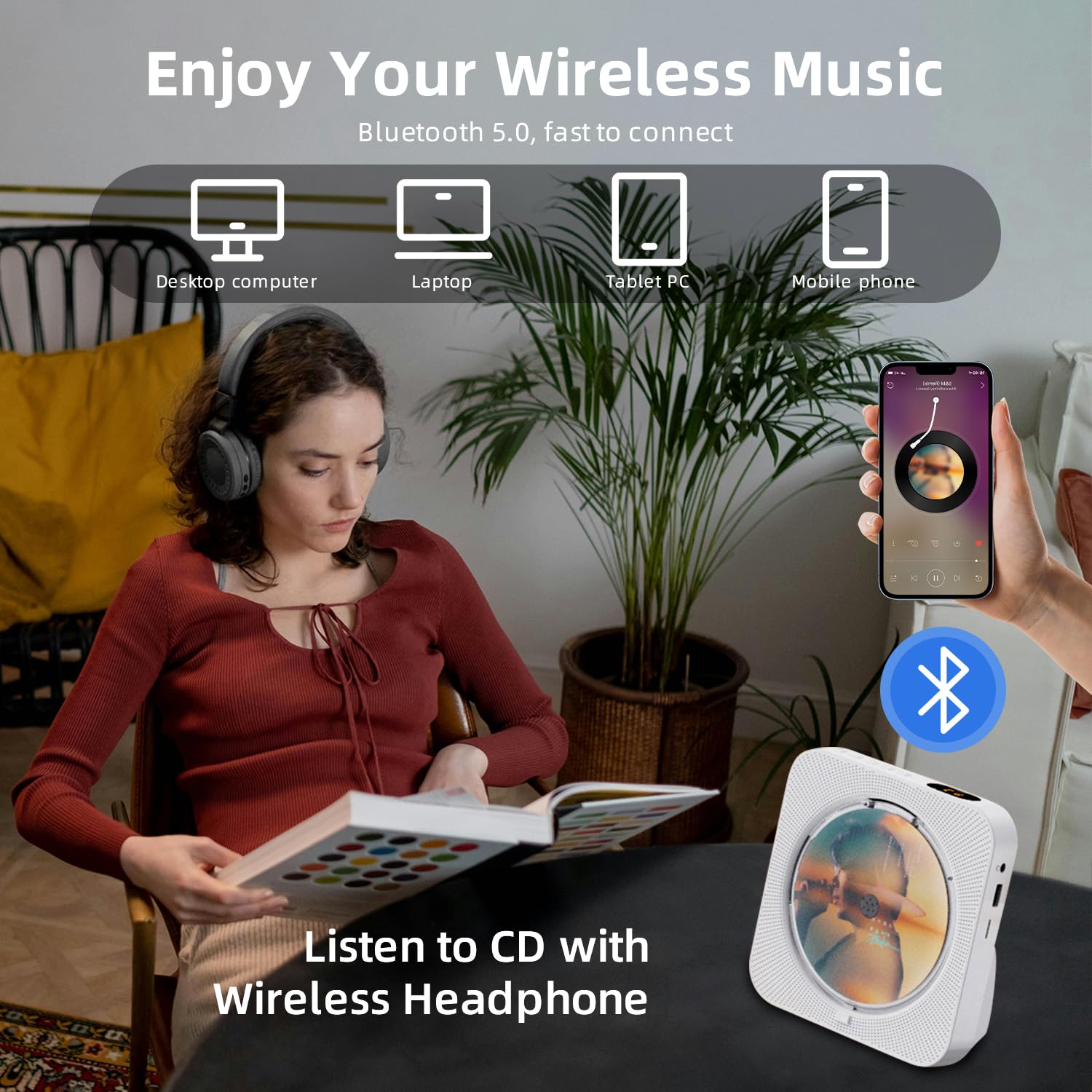 Lettore CD, lettore CD Bluetooth portatile, altoparlanti hi-fi integrati con timer, radio FM USB