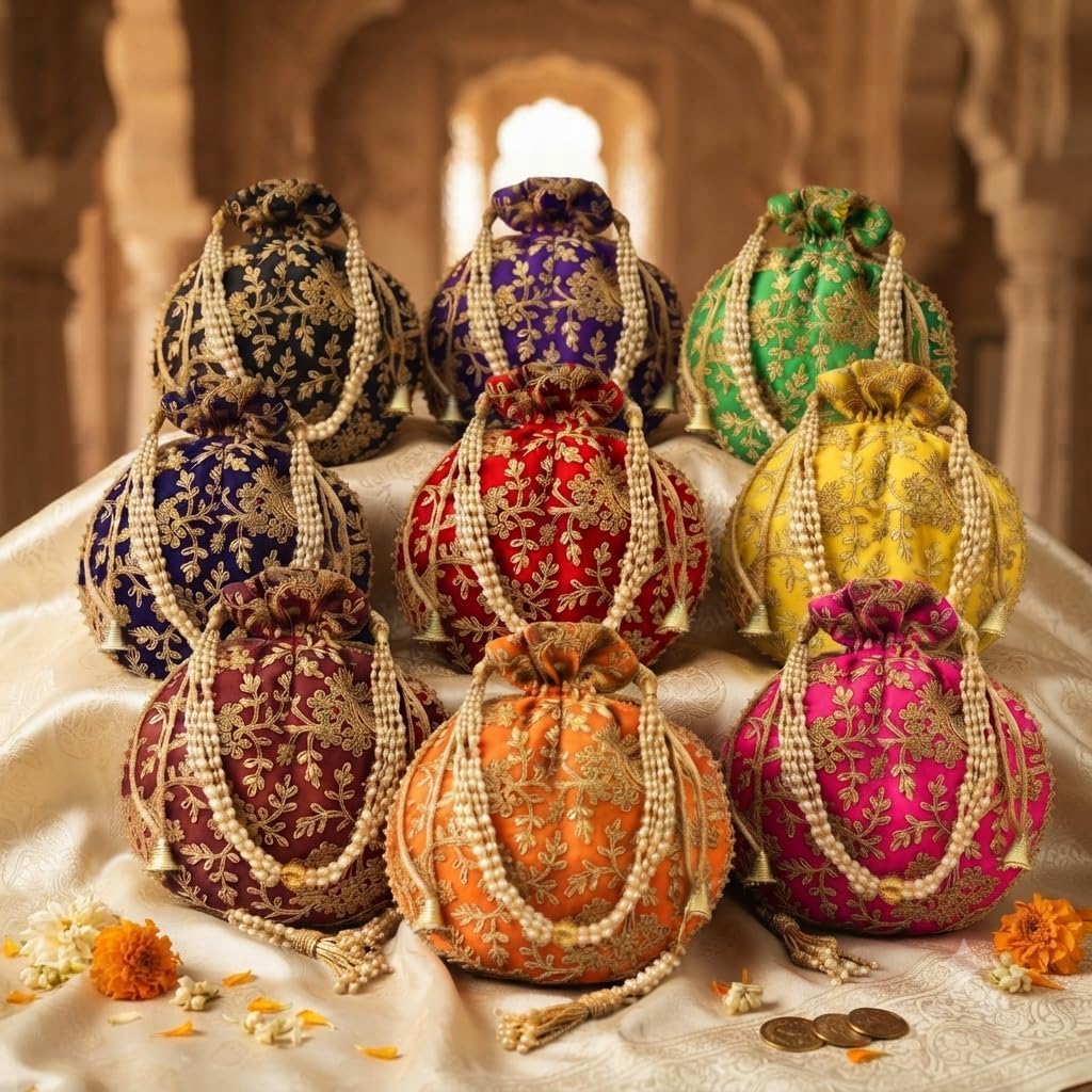Radharani Arts Women Handicrafts and jewellery Designer Silk Potli Bags or Wristlets or rajasthani batwa for Wedding & Parties, Best for gifting (5), medium size, RD041 image 5