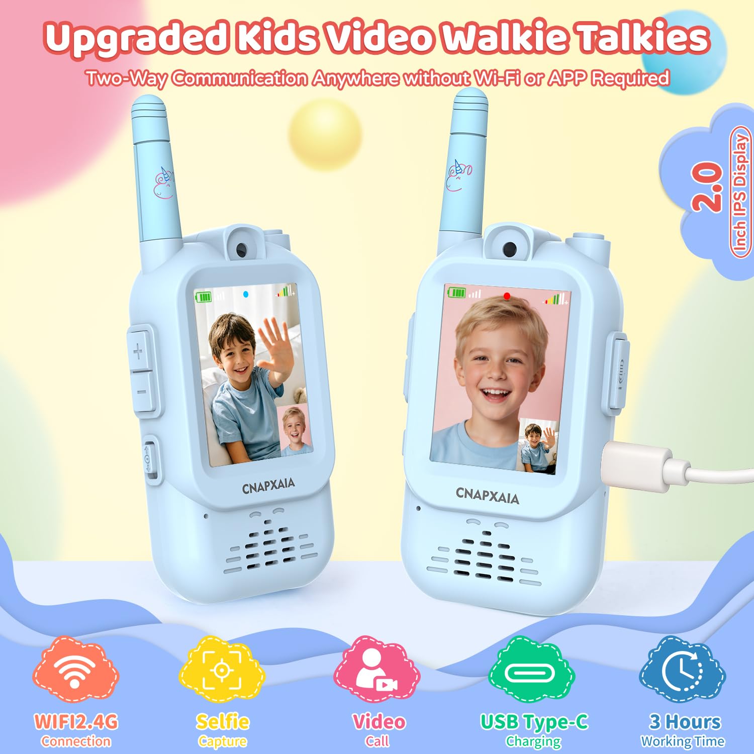 Walkie Talkie Bambini Video, Videochiamata Senza Internet e Senza App, Connessione Automatica, Selfie Emoji Messaggi Vocali, Gioco Interattivo Bambini 3-10 Anni Regalo (Blu/Blu)