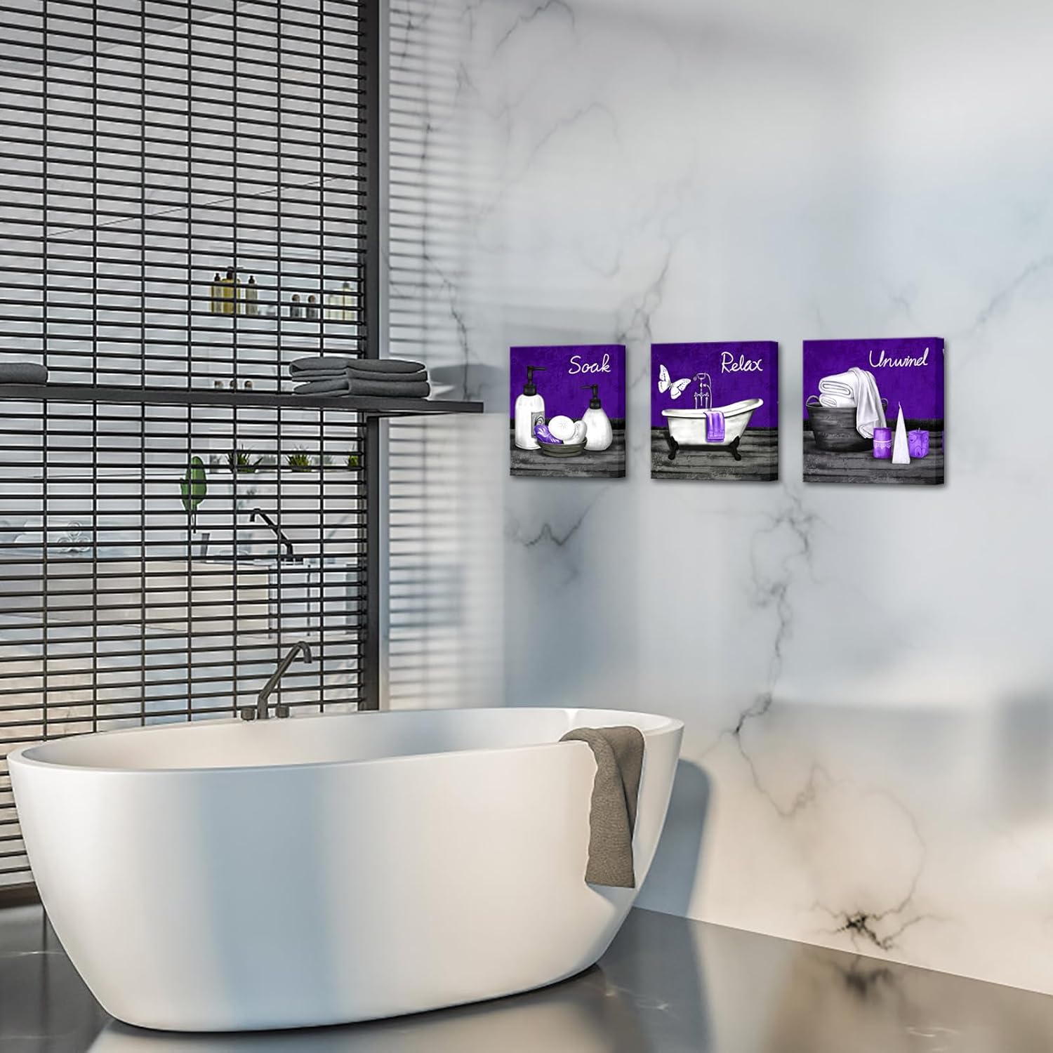 RnnJoile Purple Bathroom Pictures Wall Art Bathtub Spa Canvas Painting Prints Relax Soak Unwind Artwork for Bathroom Decor Framed