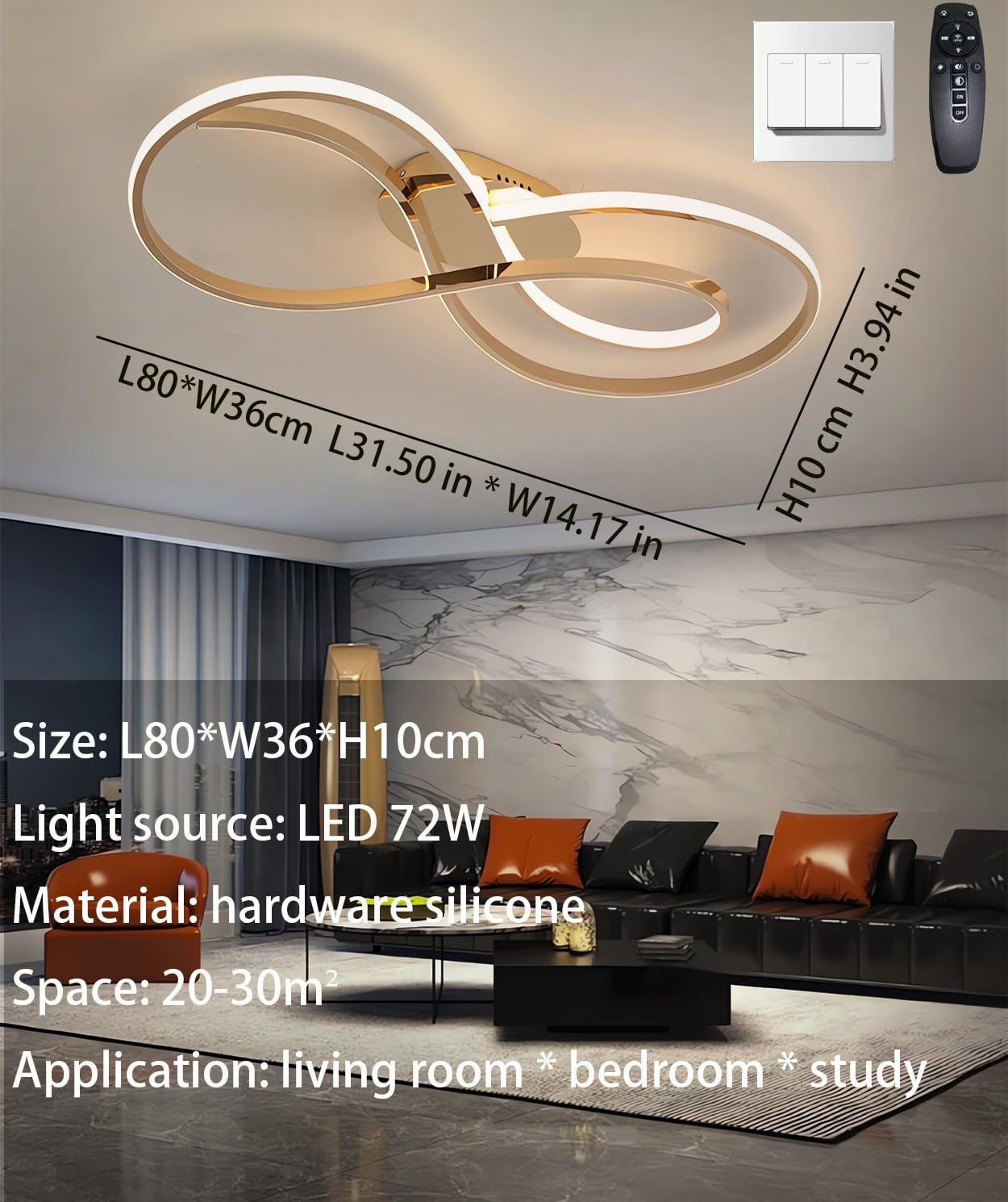 Lampa sufitowa LED 3000-6000K Ściemnialna lampa do salonu z pilotem Ściemnianie Lampa sufitowa do sypialni Nowoczesne oświetlenie sufitowe Żyrandol Oprawy oświetleniowe wewnętrzne (Złoto, L80cm)