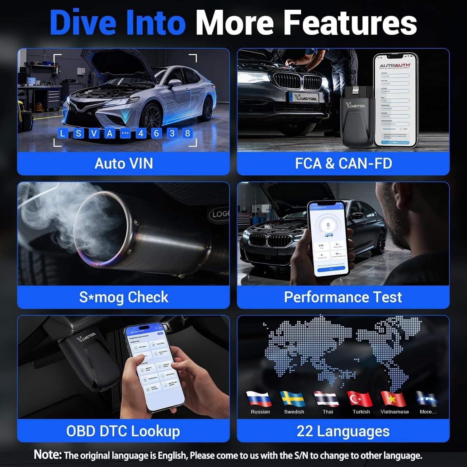 Diagnosegerät Auto Bluetooth VDIAGTOOL D100, Vollsystem Bidirektionales OBD2 Diagnosegerät mit 17+ Reset, Lebenslange Updates Auslesegerät Auto für Android & iOS, FCA & CAN-FD Fahrzeug Kfz OBD Scanner