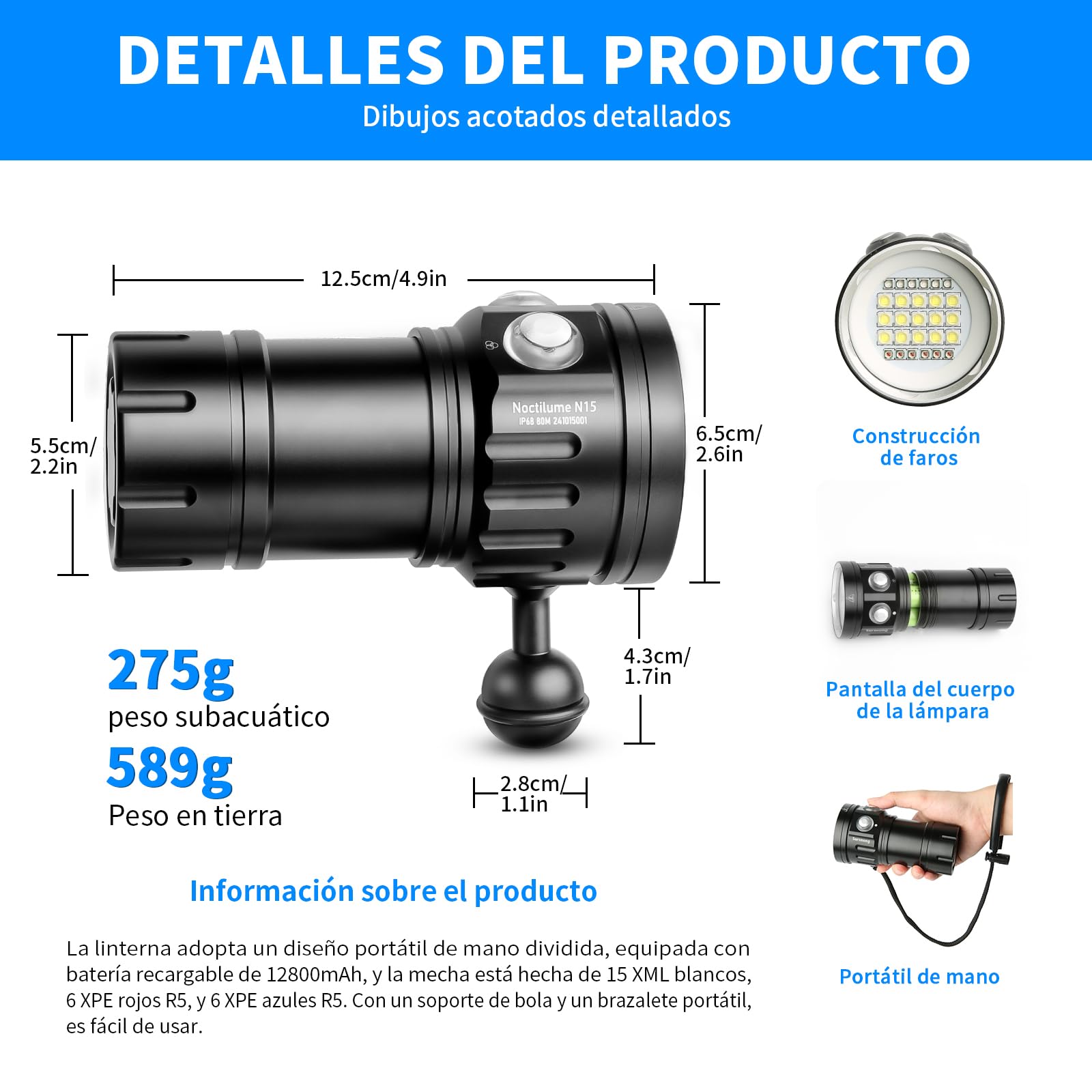 Noctilume N15 6000 Lumens Linterna Buceo Video CRI 90 6500K IP68 80m