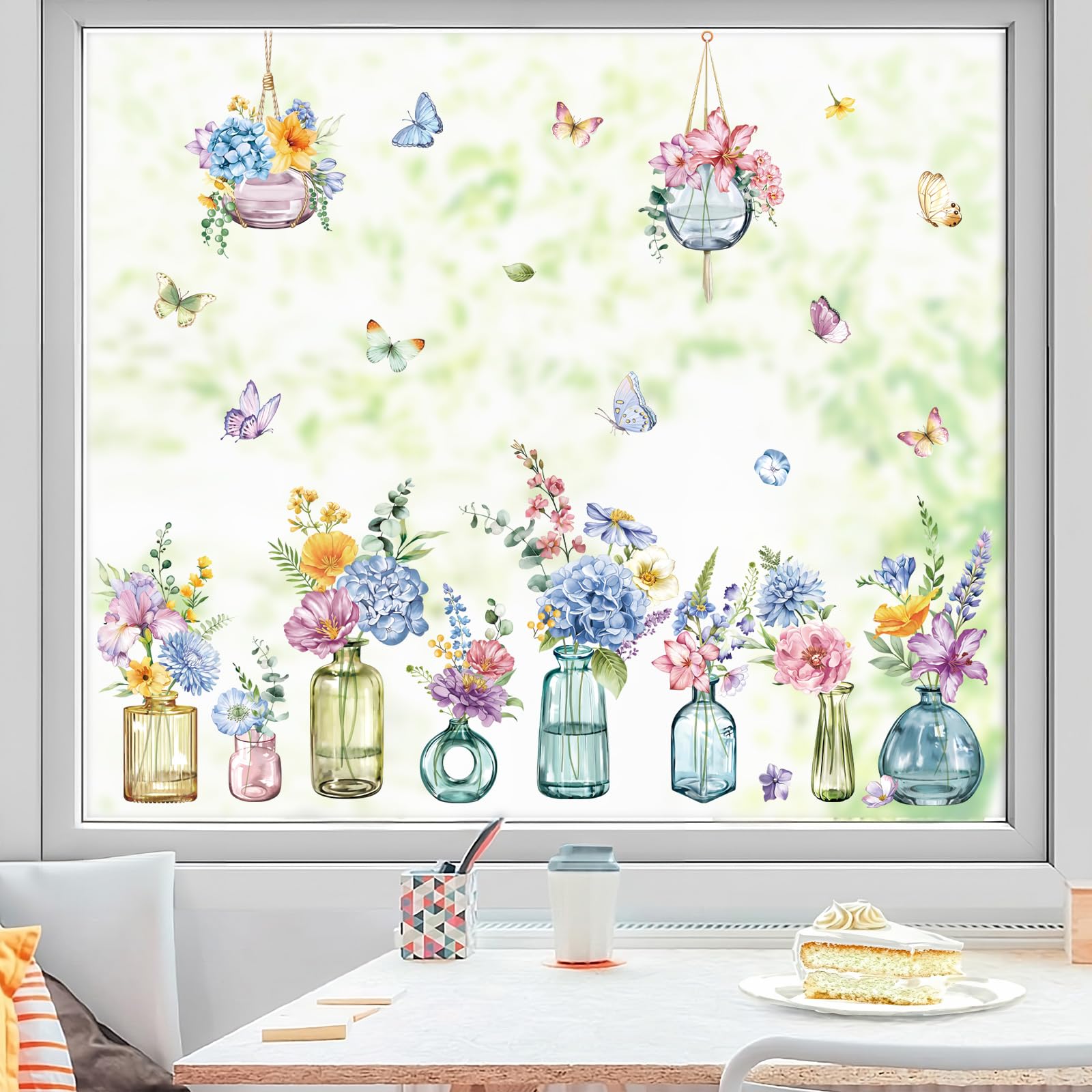 decalmile Spring Summer Potted Flowers Vase Window Clings Double Sided Blue Purple Wildflower Butterflies Window Decals Anti-Collision Glass Window Doors Window Stickers - Image 3