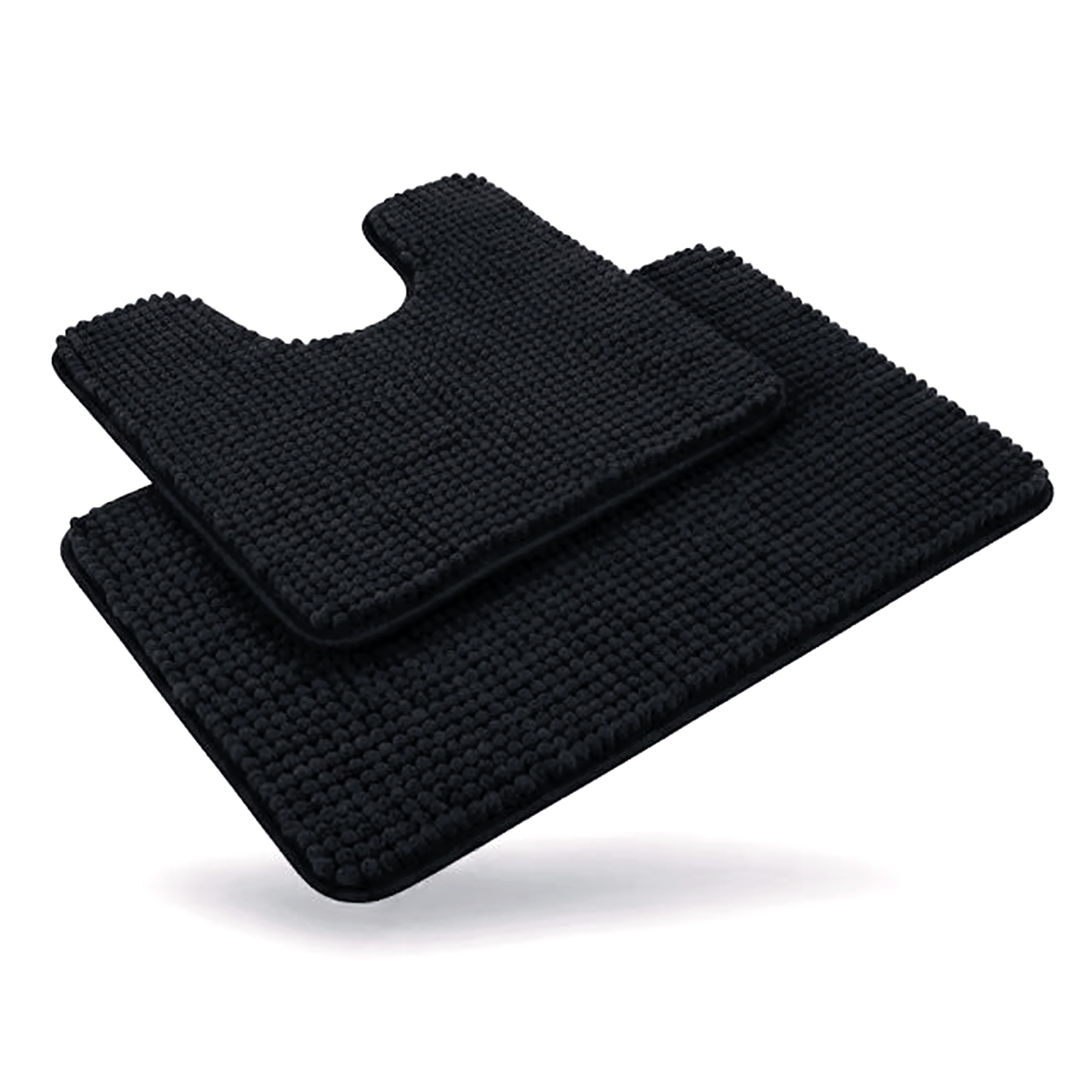 Linruione Bathroom Mats 2 Piece Set Non Slip Anti Mould, 15mm Extra Thick Fluffy Chenille Bath Mat & Pedestal Mat, Super Absorbent Washable Toilet & Shower Rugs (50x80+50x50cm), Black