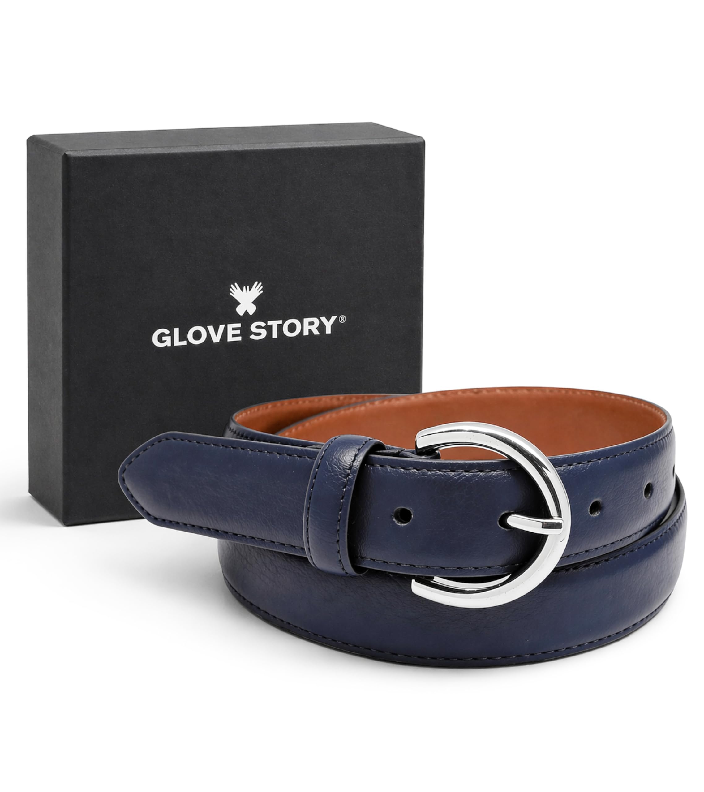 GLOVE STORY Ceinture Femme en Cuir Bleu - Boucle Métal Élégante Style Habillé - Coffret Cadeau Accessoire Mode Haut de Gamme pour Jean, Tailleur Costume et Pantalon - Largeur 35mm
