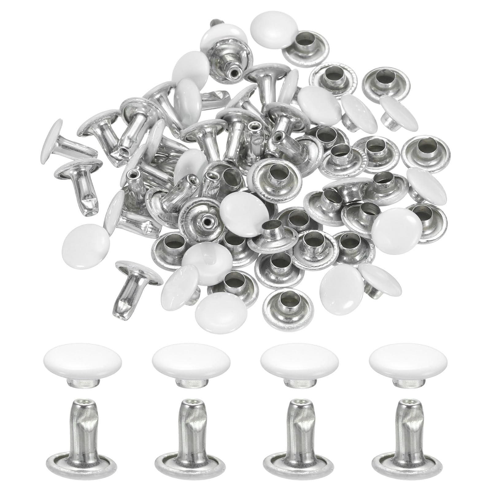 uxcell 120Set Leather Rivets, 8mm Double Cap Rivet Tubular Metal Studs Repairs Decoration Craft Accessories for Repair Decorate Leather Craft Belt Bag Shoes Purse Belts, White