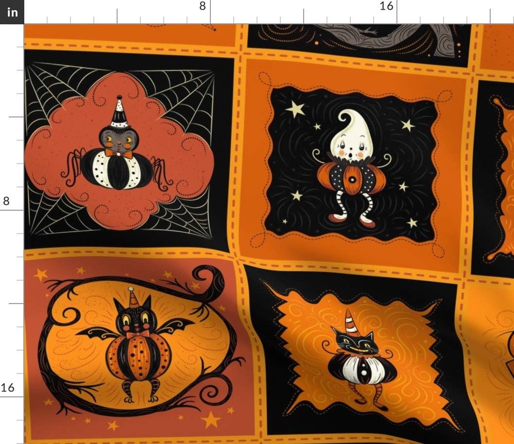 Spoonflower Fabric - Halloween Patchwork Vintage Style Spider Ghost Pumpkin Kitsch Printed on Petal Signature Cotton Fabric by The Yard - Sewing Quilting Apparel Crafts Decor