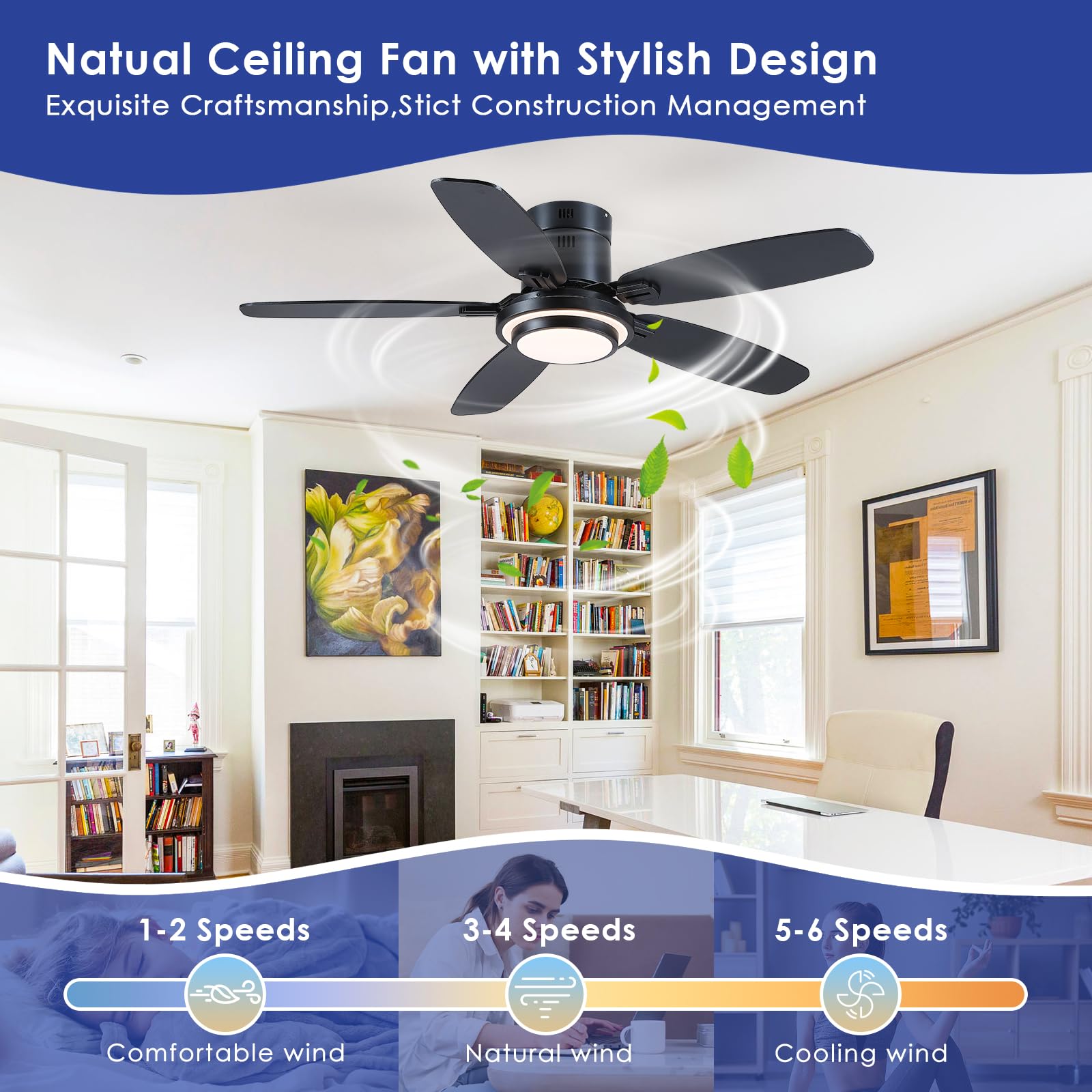 Kviflon Ventilateur de Plafond avec Lumière 127 cm, Moteur DC Silencieux et Économe, Télécommande & Contrôle par App, 6 Vitesses, LED Dimmable, 3 Pales ABS, Design Moderne Noir pour Chambre et Salon