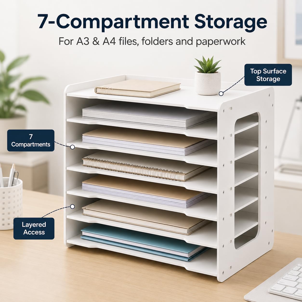A3-Papierablage, 7 Fächer, weiß, Schreibtisch-Organizer