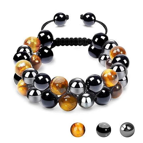 MIDON Tiger Eye Bracelet, Triple Protection Bracelet for Men Women, Handmade Tiger Eye Beads Hematite and Black Obsidian Natural Stone Healing