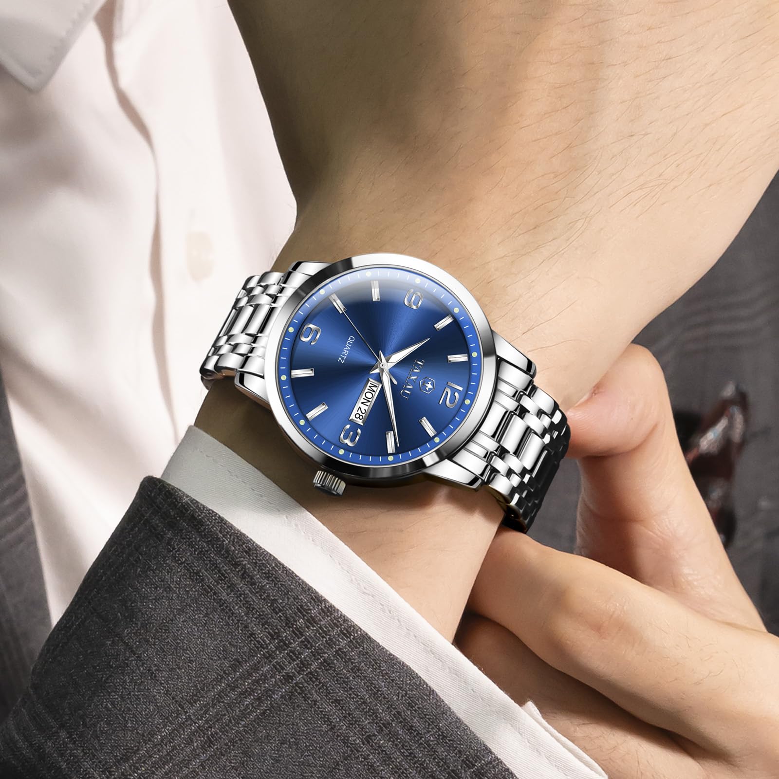 Taxau Armbanduhr Herren Analog Quarz wasserdichte Luxus Business Edelstahl Herrenuhren Multifunktion Leuchtdatum Elegantes Geschenk