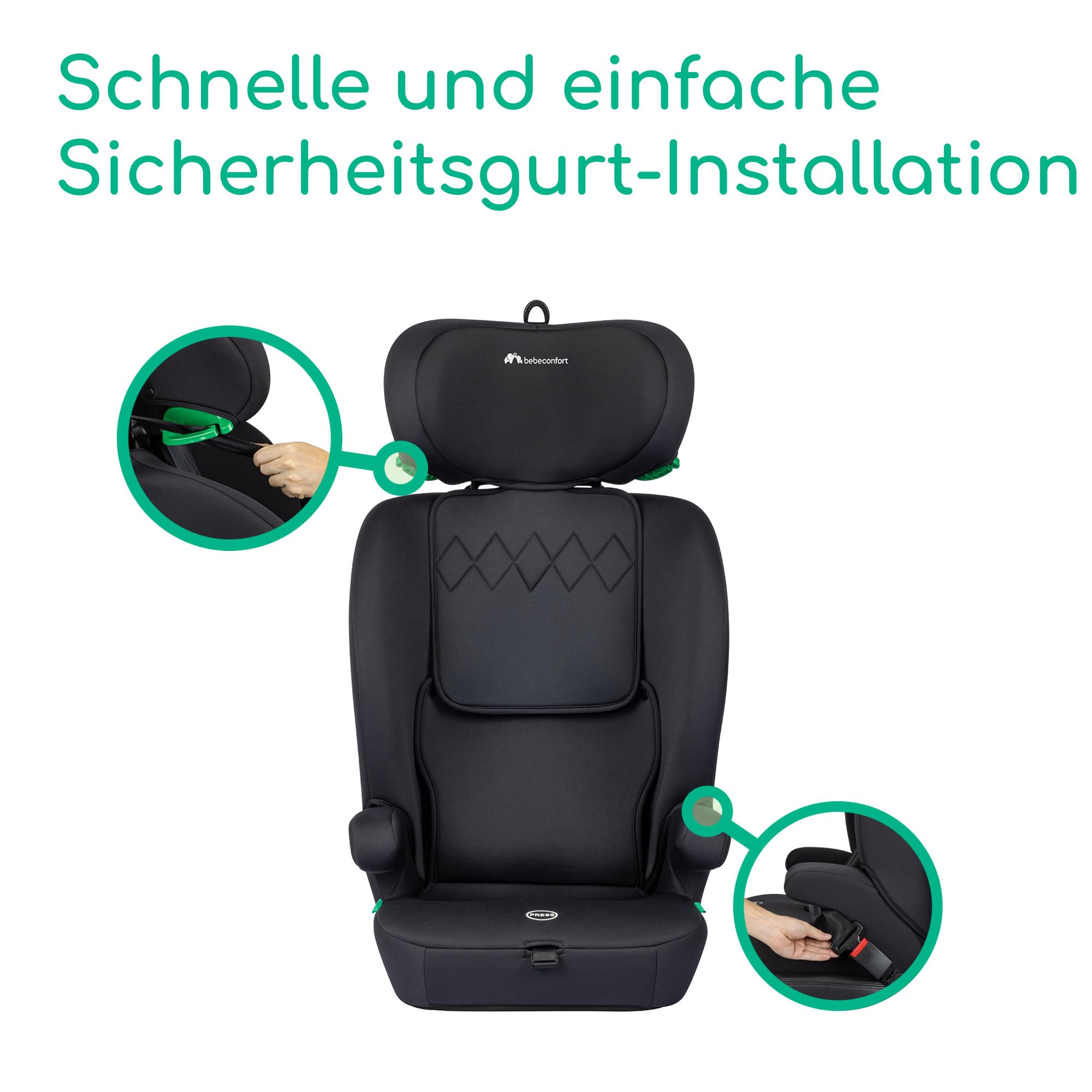 Bebeconfort Ever i-Safe, Mitwachsender Kindersitz 9-36 kg, 15 M.–12 J., 76–150cm, Kindersitzerhöhung, R129-Sicherheit, Seitenaufprallschutz, 11 Kopfstützenpositionen, Integrierte Armlehnen, Full Black