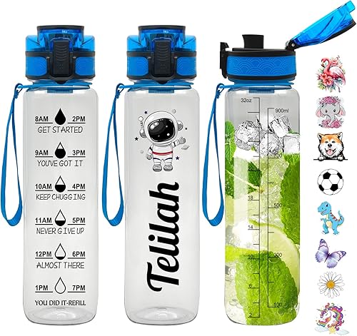 Botella de agua personalizada motivacional de 32 onzas con nombre y marcador de tiempo, botella de plástico transparente para seguimiento deportivo,