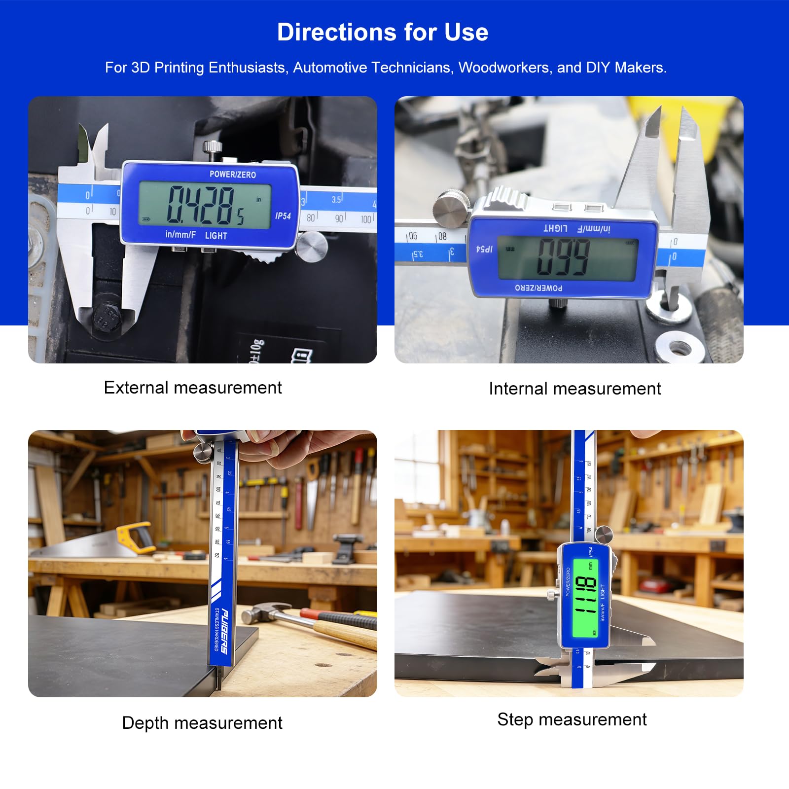 electronic calipers, IN/MM, waterproof electronic display, precise measurement.