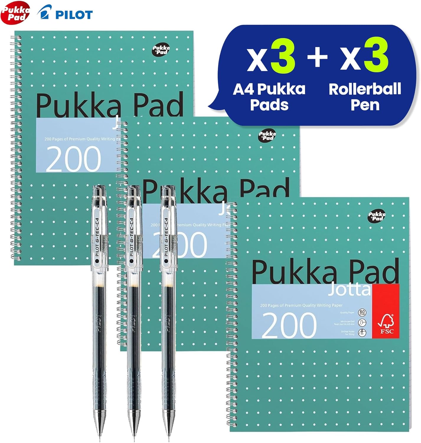 Pilot G-Tec C4 Gel Microtip Rollerball Pen 0.4 mm Tip Black 3 Pack and 3x Pukka Pad A4 Metallic Jotta Book Wirebound Notebook, 8mm Lines 80GSM Paper, 4-Hole Punch Margins, Perforated Edges 200 Pages