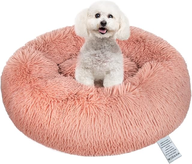 Donut Dog Bed Medium Washable - Round Calming Pet Cuddler Relief Anti Anxiety - Plush Fluffy Cat Cushion Anti-Slip Bottom Orthopedic for Kitten - Soft Luxury Puppy Kennel Faux Fur Improved Sleep 60cm