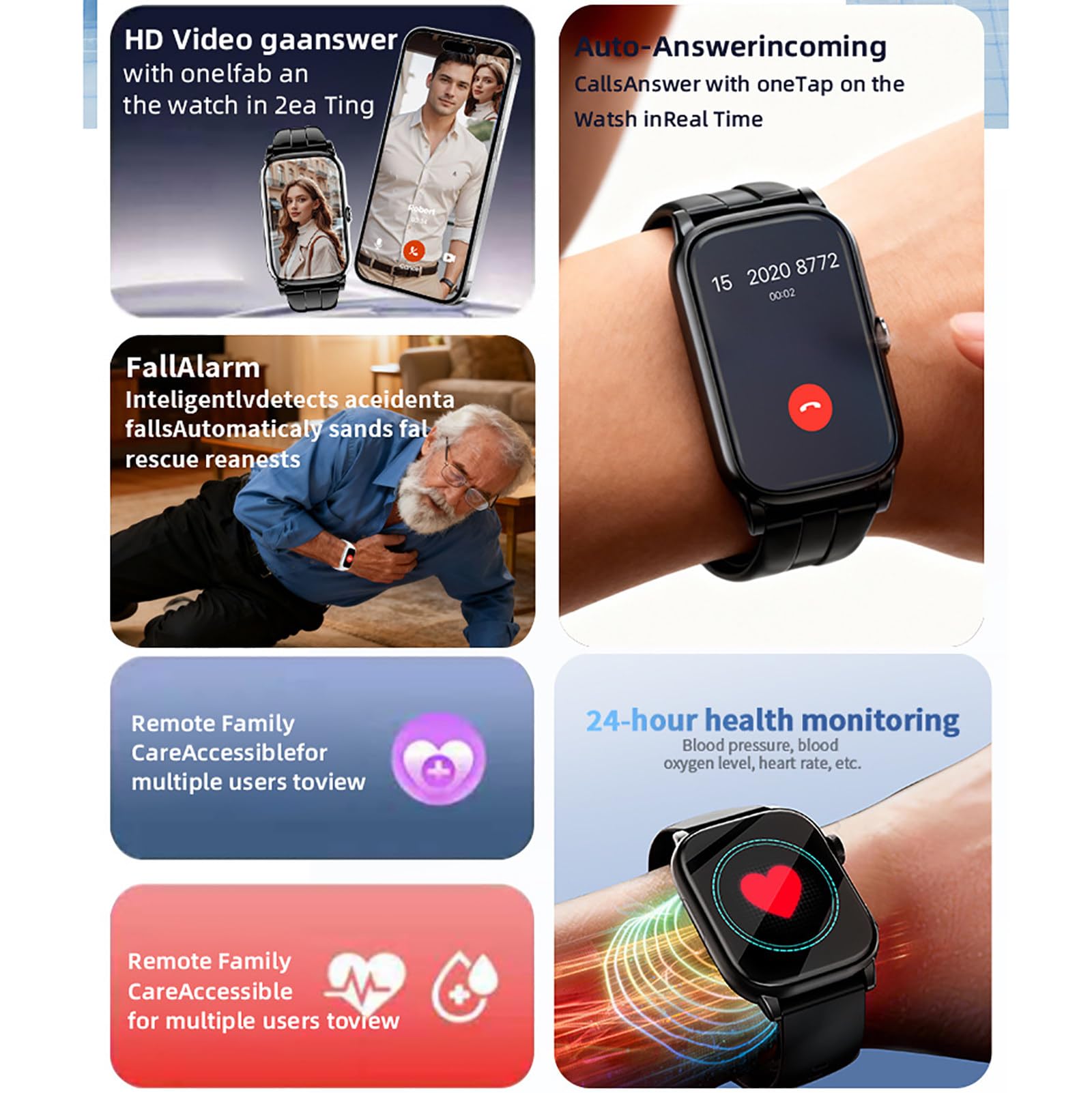 Montre connectée GPS pour personnes âgées, détection de chute, bouton SOS, appel vidéo HD, surveillance de la santé pour les personnes âgées et les patients atteints de démence