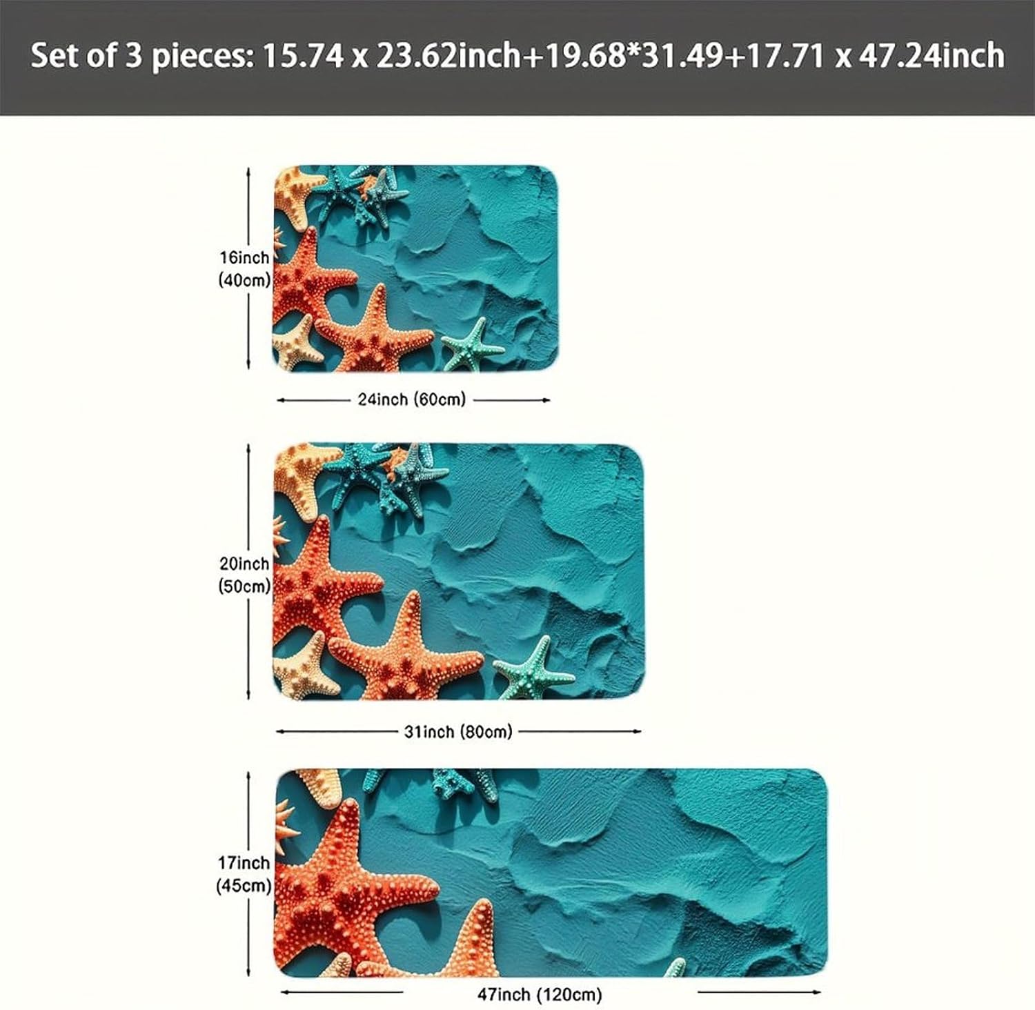 Coral and Starfish Kitchen Mats for Floor 3 Pcs Kitchen Rugs