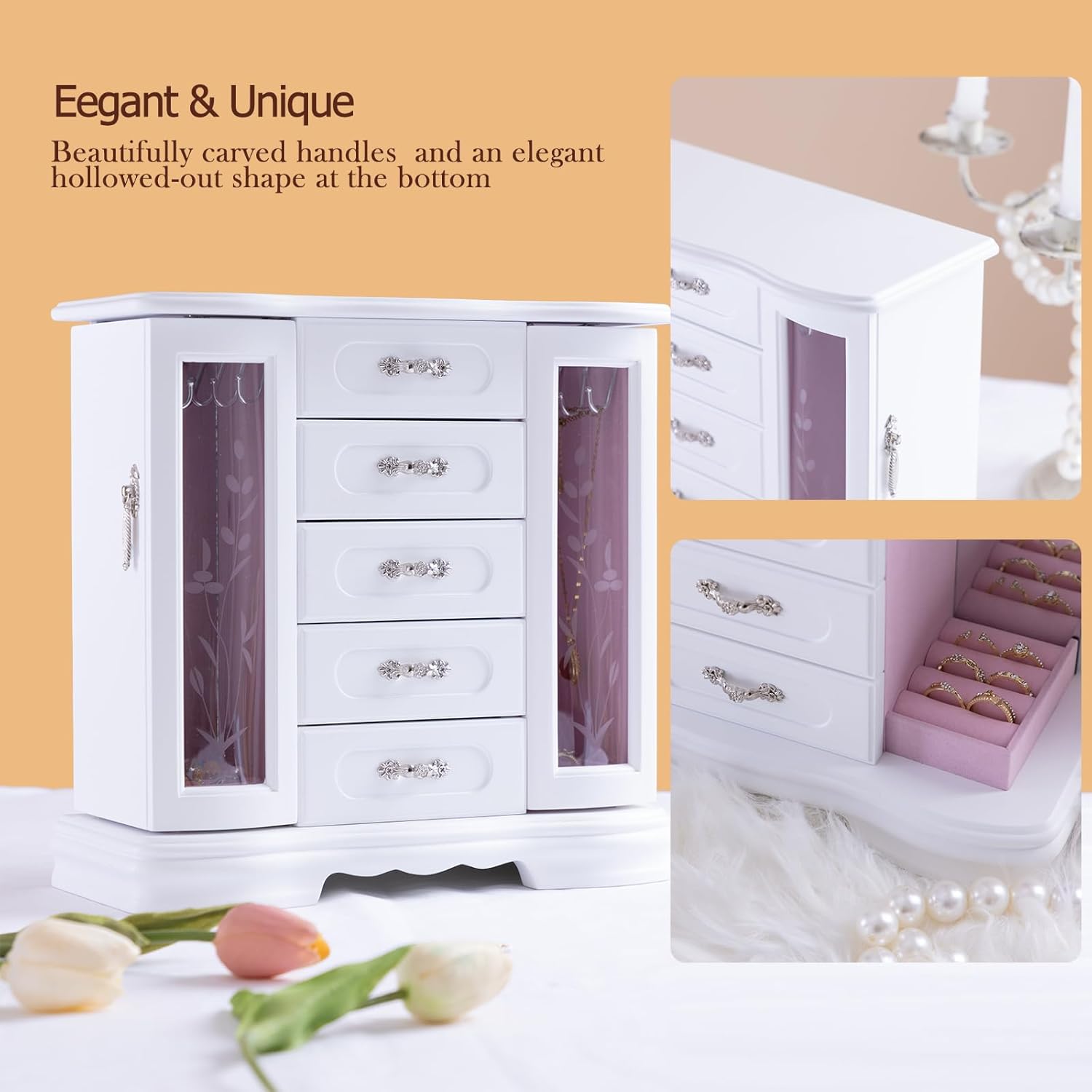 Jewelry Boxes For Women,Handle Caebing Craft Wooden Jewelry Box,With 12Hooks And Velvet Lining White Jewelry Boxes,Suitable As Gift For Friends - Image 8