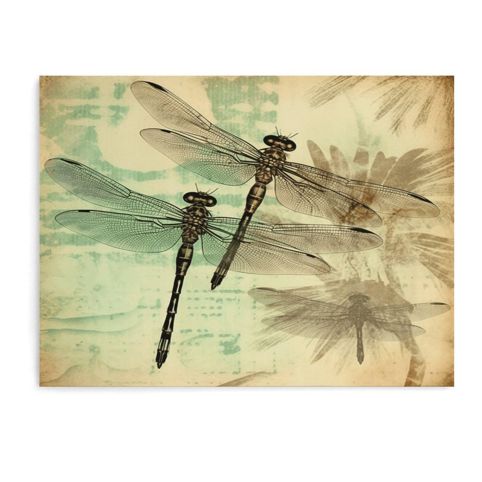 Fodpand Unframe-Style Dragonfly Dragonflies Vintage Bathroom Wall Art Canvas Prints, Artwork For Walls For Living Room Hallway Stair Office Wall Decor, Pictures Home Decor 15.7X11.8 Inch