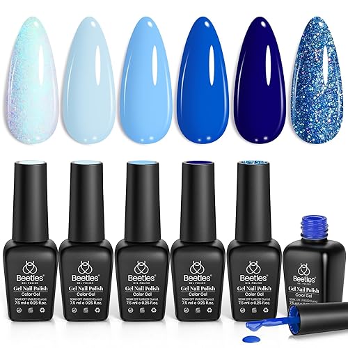 Miniatura 1 de Beetles - Juego de 6 esmaltes de uñas de gel con purpurina, color azul bebé, colección Aquarius Water Collection Spring Soak Off UV LED, kit de uñas