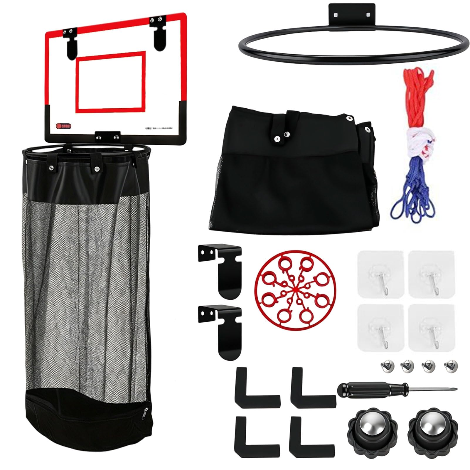 Laundry Basket with Basketball Hoop, Hanging Storage Bag for Dirty Clothes with Zipper Bottom, Thickened Mesh Organizer for Bedroom, Dorm, Bathroom, Kids Room B