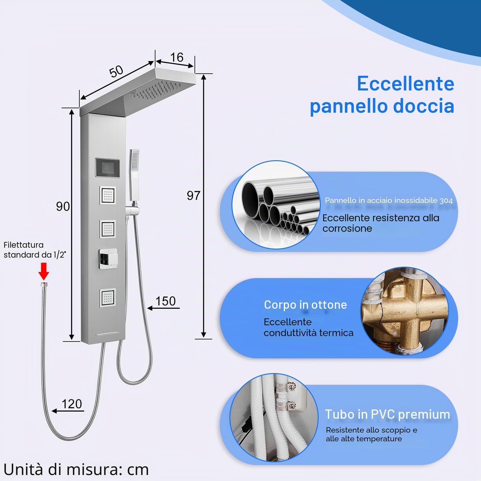 Pannello doccia a LED senza rubinetto, pannello doccia a 4 funzioni, con doccia a pioggia, 3 getti massaggianti, doccetta e beccuccio per vasca da bagno, colonna doccia in acciaio inox 304