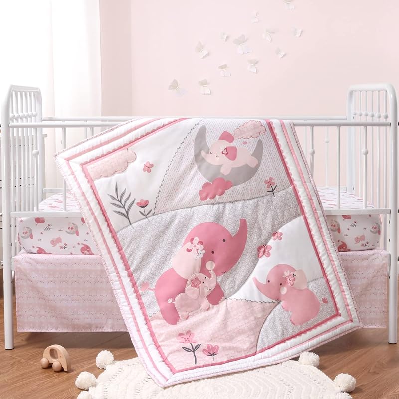 The Peanutshell Juego de ropa de cama para cuna de bebé de 3 piezas para niñas – Juego de cama para recién nacidos, bebés y niños pequeños, decoración con sábana bajera ajustable, edredón con volantes – Elefante rosa
