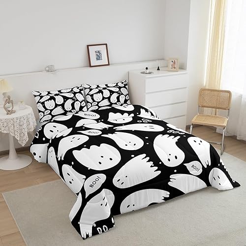 Miniatura 2 de Juego de ropa de cama de Halloween, tamaño matrimonial, juego de edredón de fantasmas de dibujos animados para niños y niñas, lindo edredón kawaii