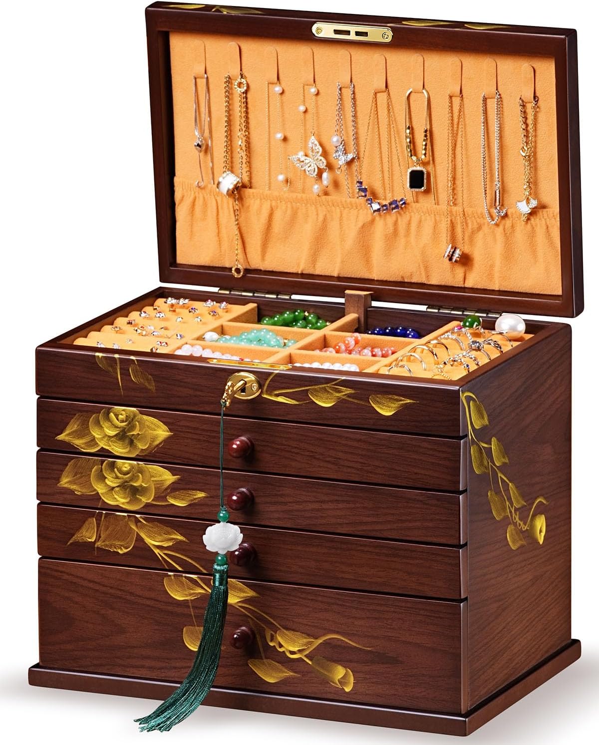 Hand-drawn rose Jewelry Box Wood for Wowen,6-Layer Wooden Jewelry Organizer Boxes with 4 Drawers dresser, Vintage Multi-functional Jewelry Storage Case with lock - Image 9