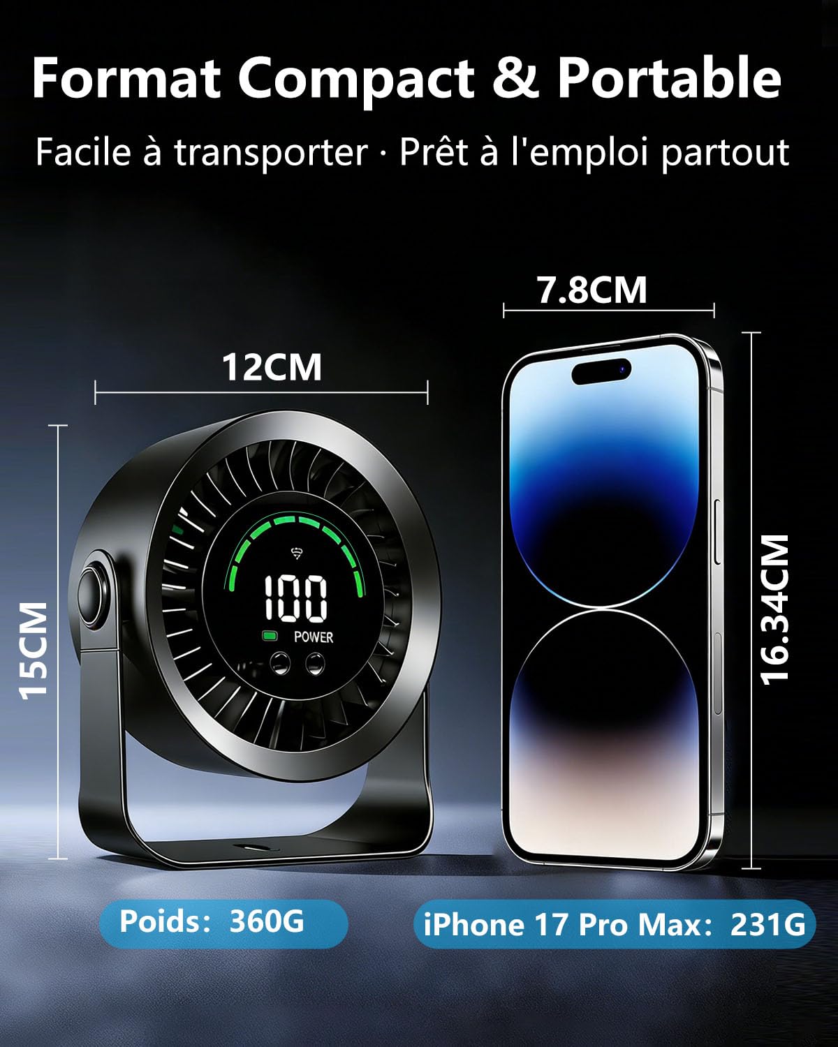 DDKJ Ventilateur Bureau Silencieux 20dB,100 Vitesses Réglables,360° Rotation du Flux d'Air, Affichage LED,Batterie 4000mAh Autonomie 3.5-13 Heures avec Fonctionne Branché pour Chambre Dortoir Cuisine