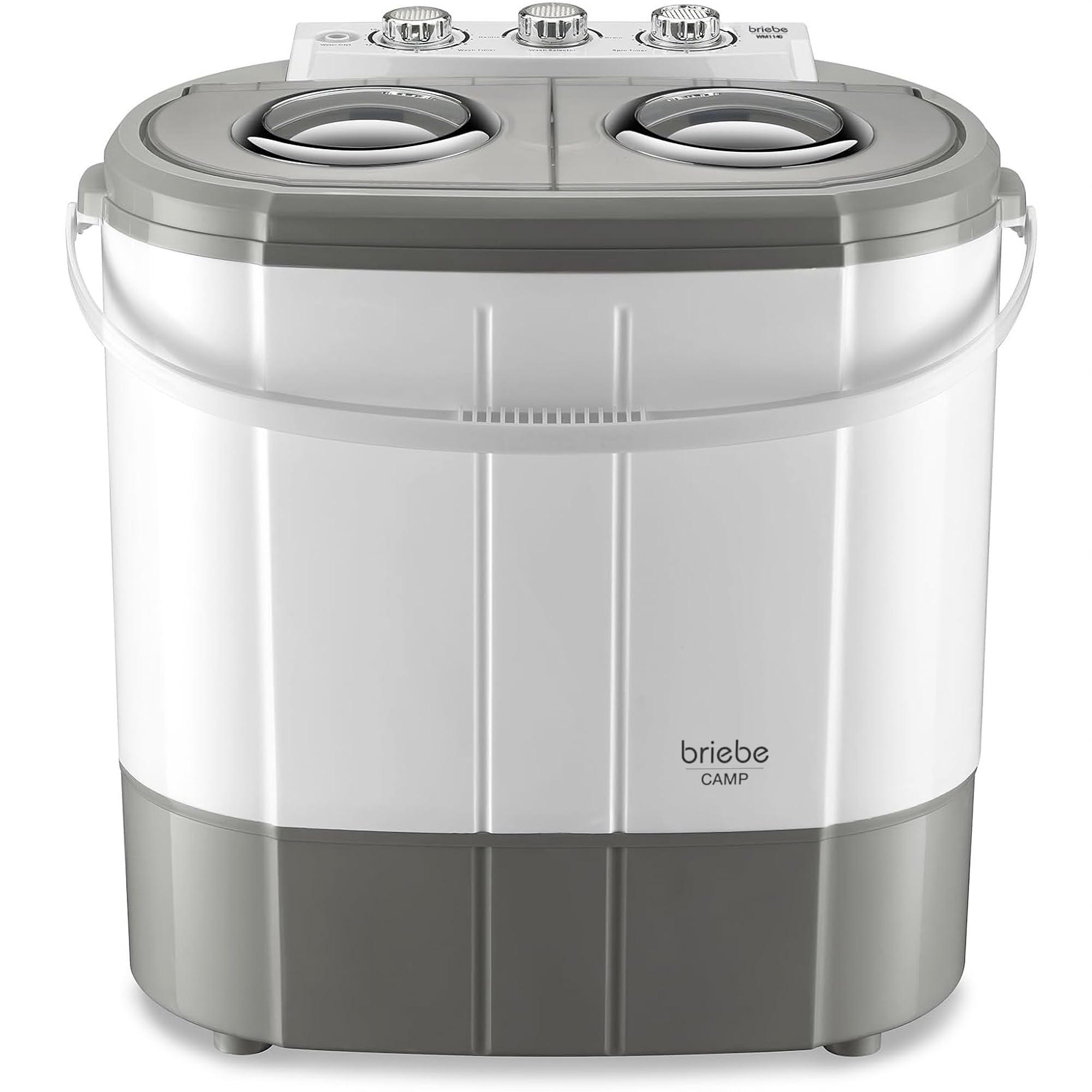 briebe Camp Mini-Waschmaschine, Tragbar, mit Schleuder, Camping, Kapazität 3 kg, Ideal für Reisen, Wohnwagen, Wohnmobile, Kleine mit 2 Fächern, Geringer Wasser- und Energieverbrauch, Grau/Weiß