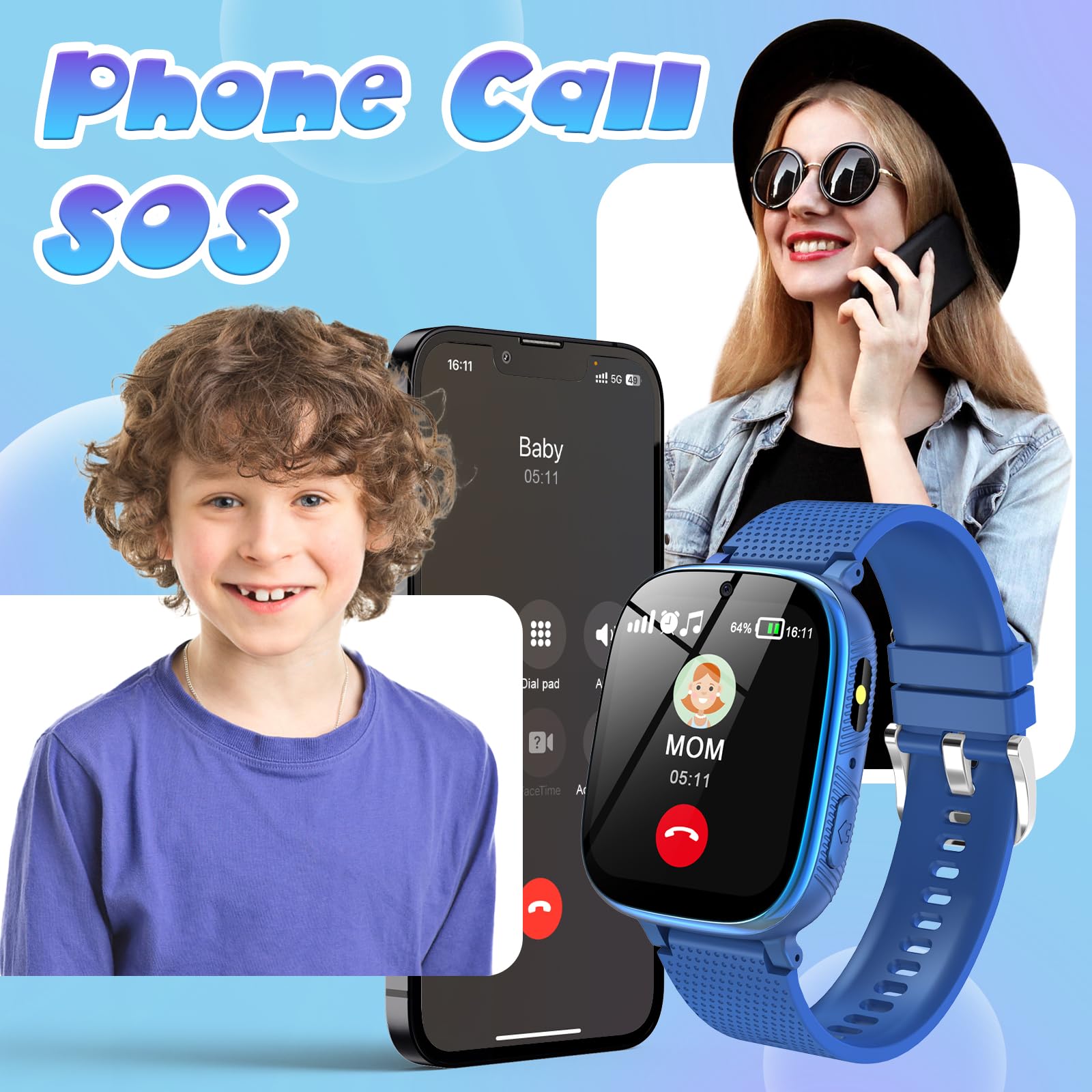Smartwatch Bambini per Chiamate, Contapassi, Giochi, Orologio Smartwatch Bambini con 2 Fotocameras, SOS, Lettore Musicale, 4-12 anni Bambino Festiva Regalo
