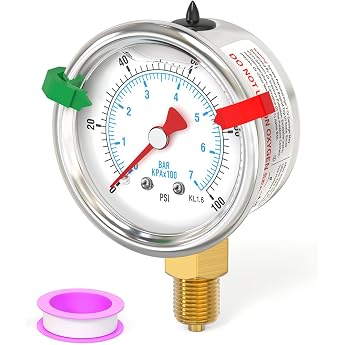 ERGAOBOY 0-7 Bar/0-100 Psi Liquid Filled Pressure Gauge 1/8 BSP 1.5 Dial Stainless Steel Glycerine Filled Bottom Attachment with 2 Pieces Poppers WOG Water Oil Air