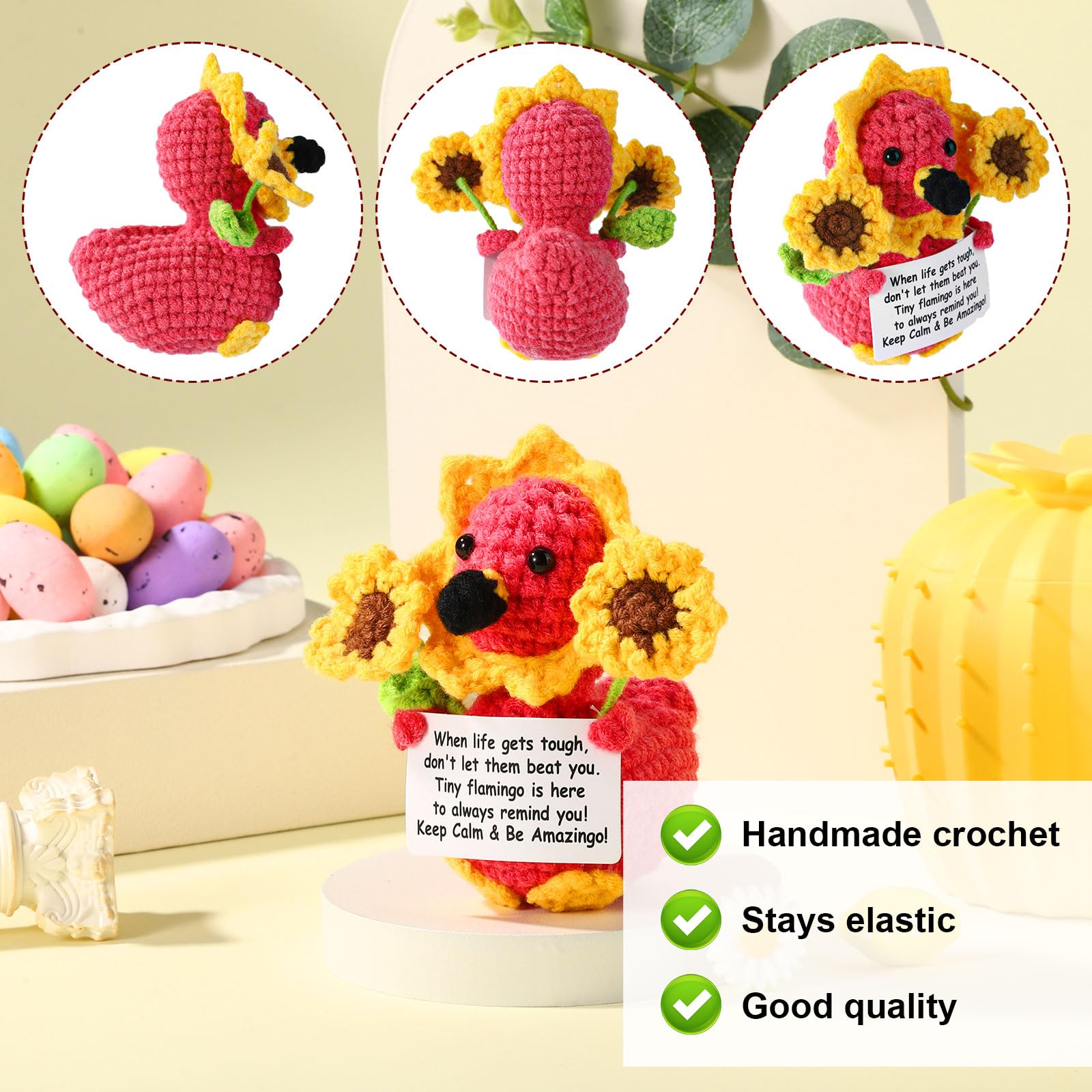 Muñeca De Crochet Flamenco Con Gafas De Sol – Hecha A Mano, Positiva Y Divertida, De 9x7x6 Cm, Ideal Para Regalar A Amigas O Compañeras