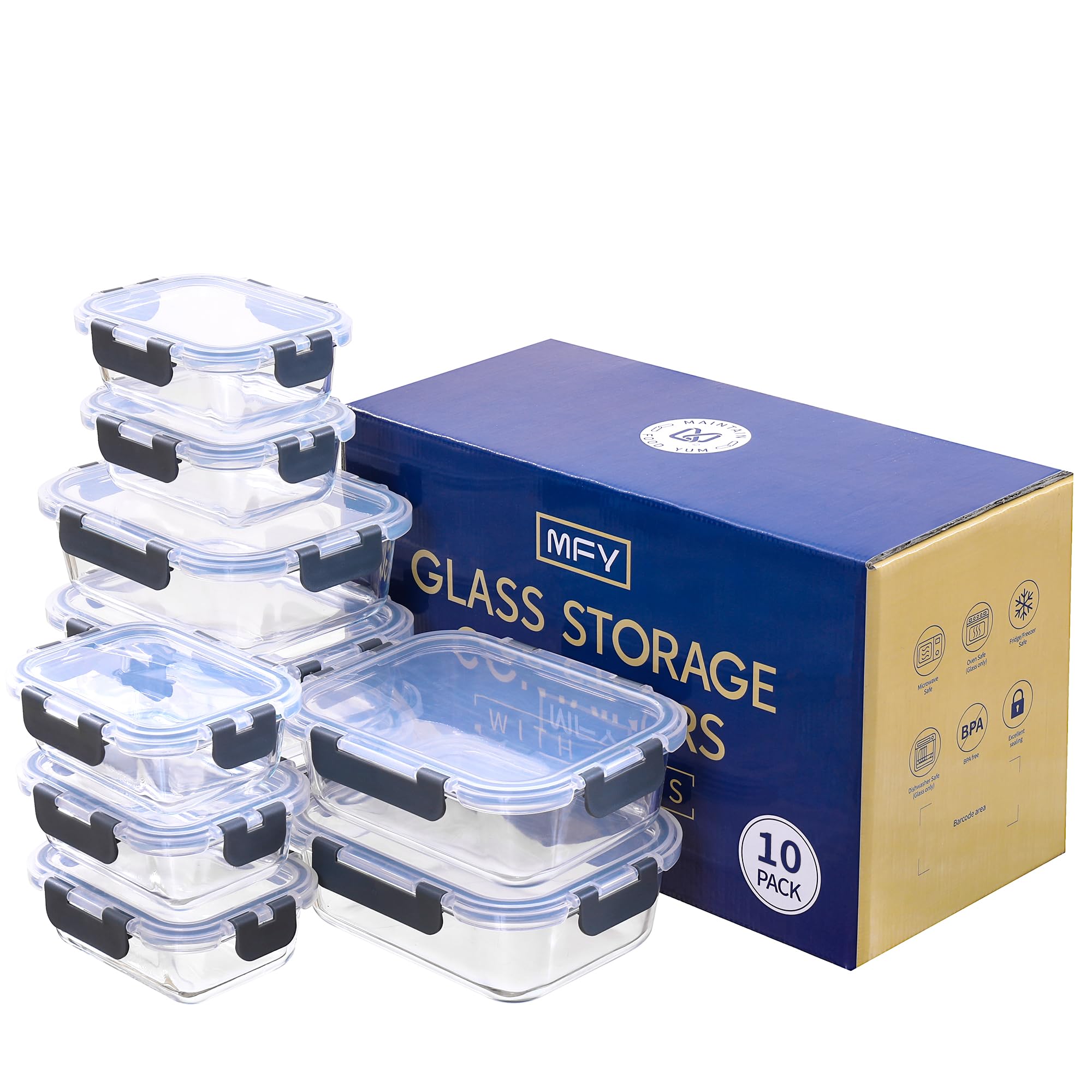 MFY Glasbehälter mit Deckel, Lebensmittelzubereitungsbehälter mit auslaufsicheren Verschlussdeckeln, luftdichte Glas-Lunchbox mit Deckel, BPA-freie Behälter-Sets für Mikrowelle, Backofen