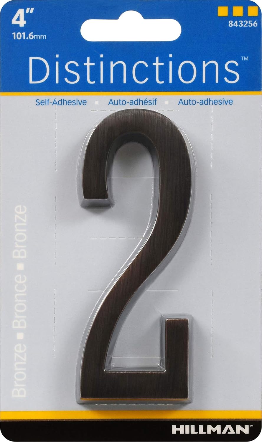 Distinctions 843256 House Number 2, Aged Bronze Zinc Self-Adhesive Address Number, Modern Outdoor Address Sign for Front Door, Mailbox, Wall, or Plaque, 4 Inches