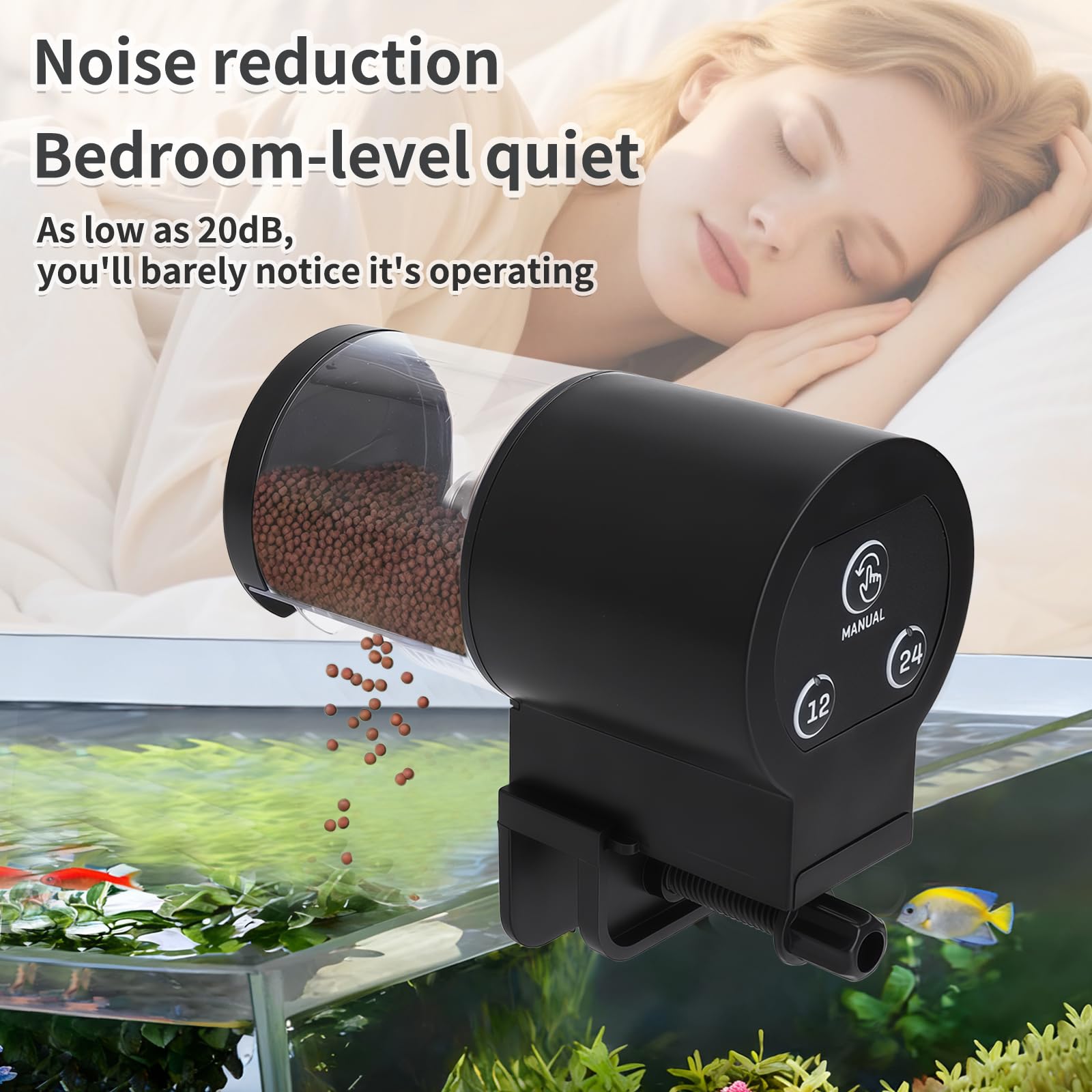 Distributeur Automatique Nourriture Poissons Aquarium,100ml, 7 Niveaux Minuterie 12/24h - Ultra Silencieux Fonctionne à Piles Installation Facile pour Maison et Bureau(Aucune Pile Incluse)