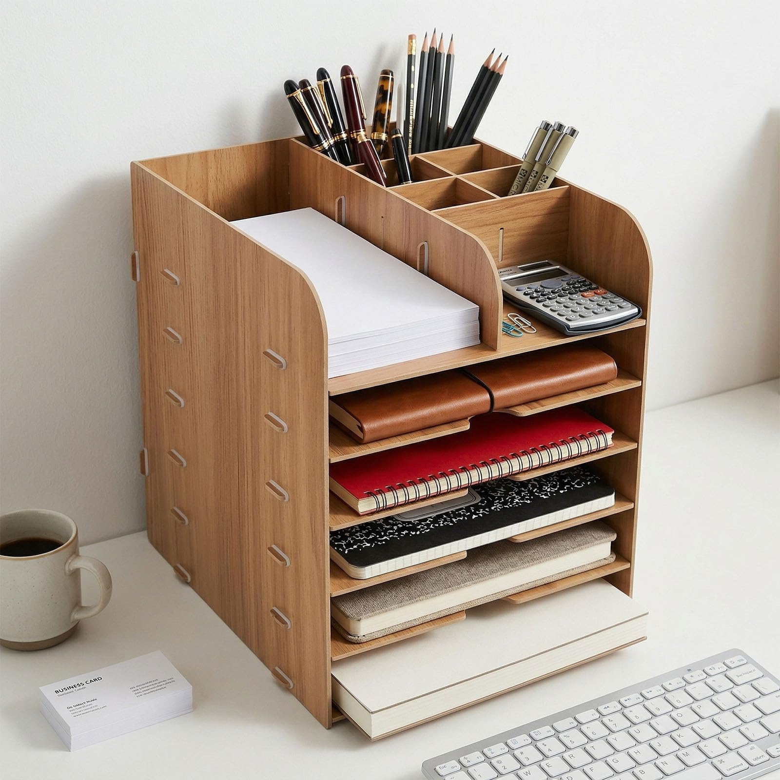 Organiseur de bureau à 5 compartiments en bois avec porte-stylo, porte-documents A4, porte-courrier, porte-magazines, porte-papier, classeur A4, pour bureau, maison, bureau, école, bureau