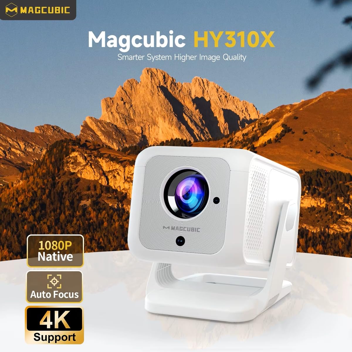 Proiettore mini HY310X 4K Full HD 1080p 420ANSI Android 14, messa a fuoco automatica, correzione trapezoidale, per cinema all'aperto con treppiede.