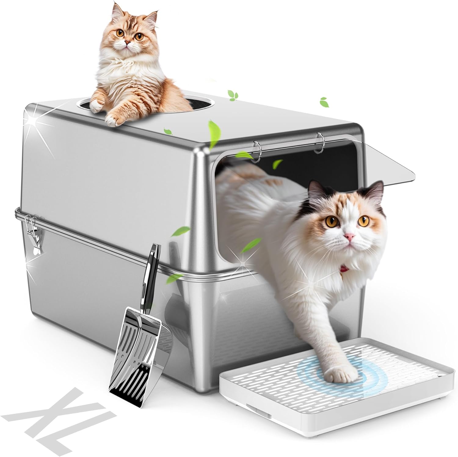 Stainless Steel Litter Box with Lid, Enclosed Metal with High Sides, Large Cat Litter Box, Dog-Proof, Odor Control, Easy to Clean,Durable with Round Edge (Frontal Opening)