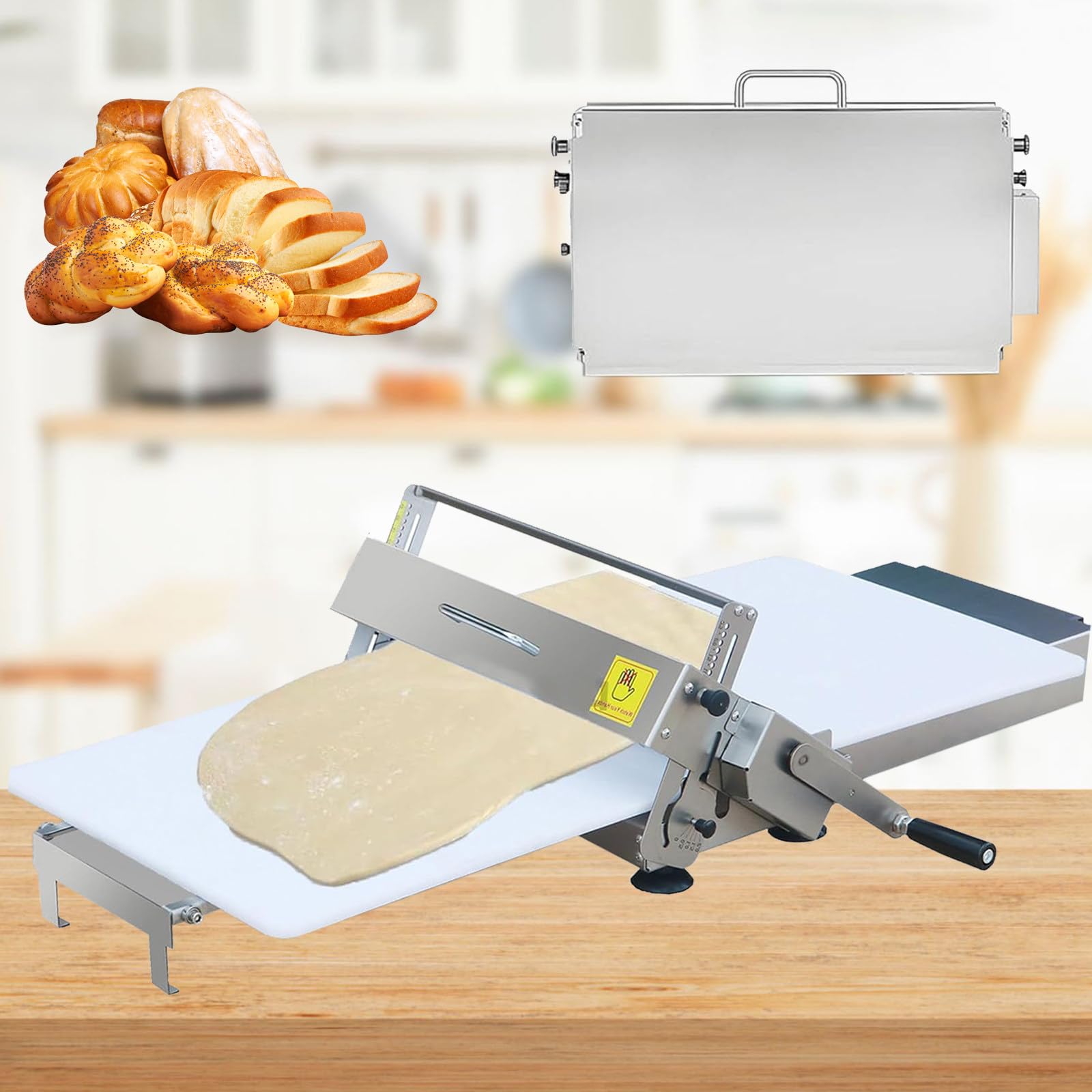Sfogliatrice manuale, modello 400, con rullo pieghevole e rulli regolabili da 0 a 25 mm, ideale per pizza, pasta, pasticceria e prodotti da forno, adatta a cucine professionali e domestiche.