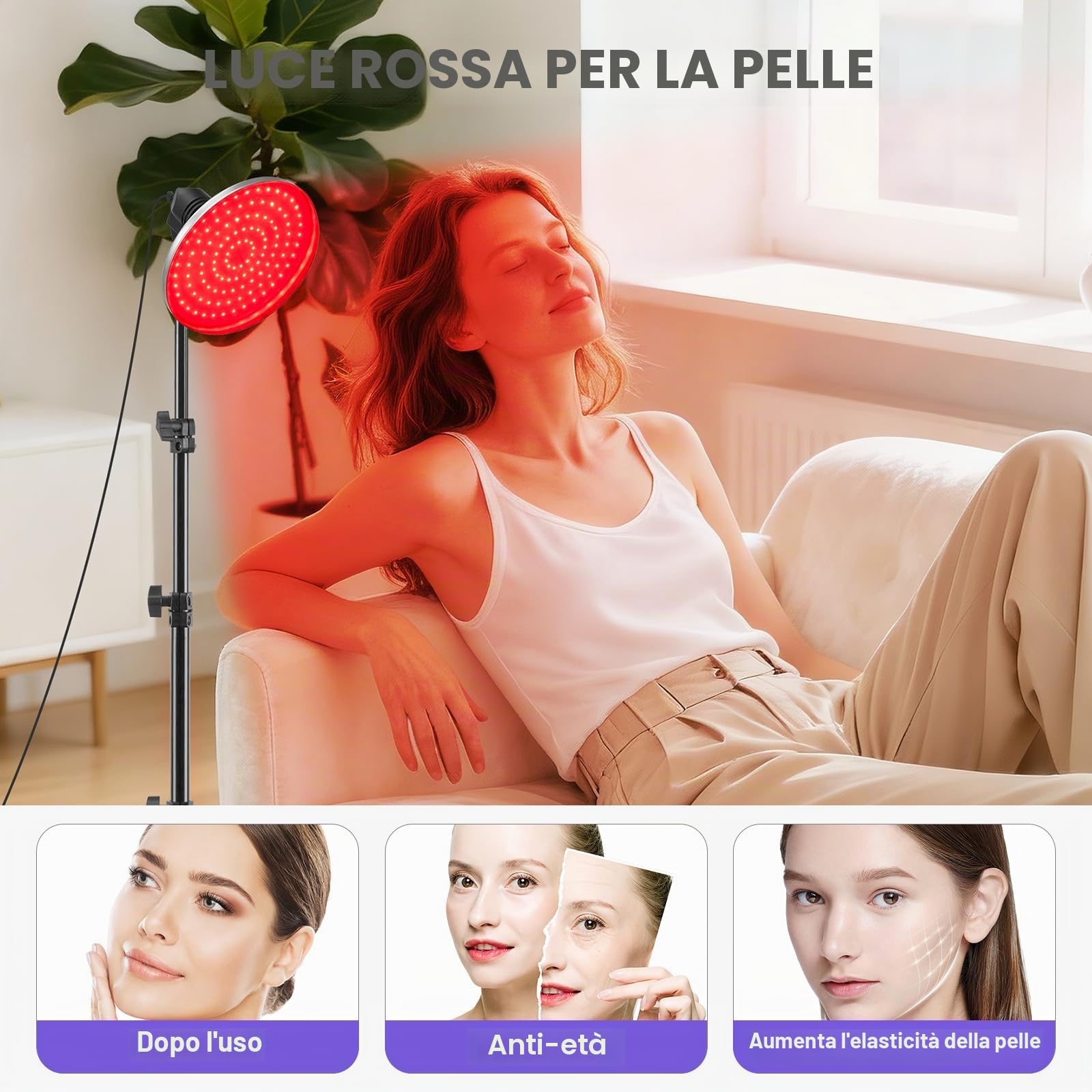 Lampada infrarossi 660nm, 120 LED, timer, treppiede | 15-30 min, 2-5x/settimana, regolabile, 40-60cm, viso/corpo/schiena