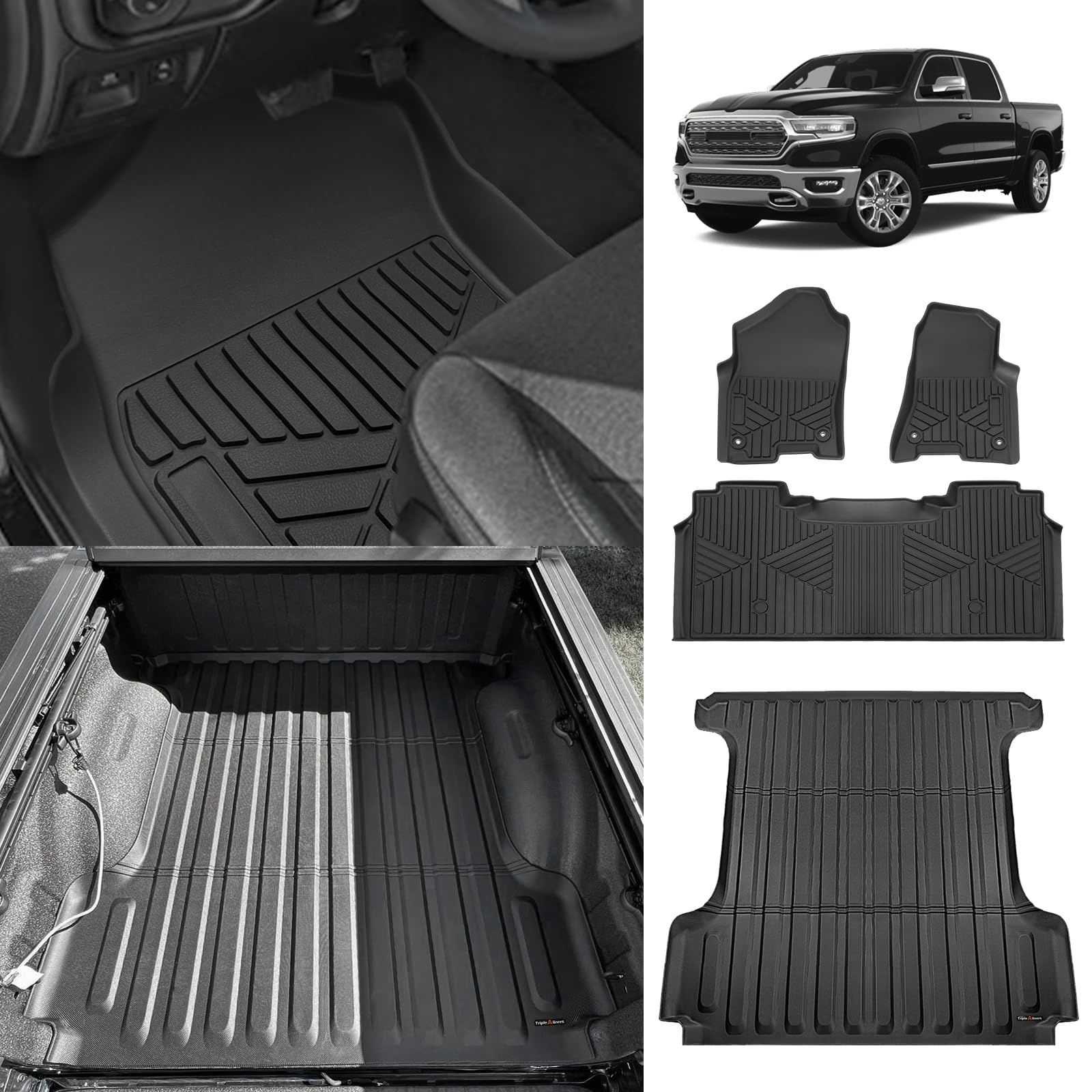 TripleAliners Floor Mats &amp; 5.7FT Truck Bed Mat for 2019-2026 RAM 1500