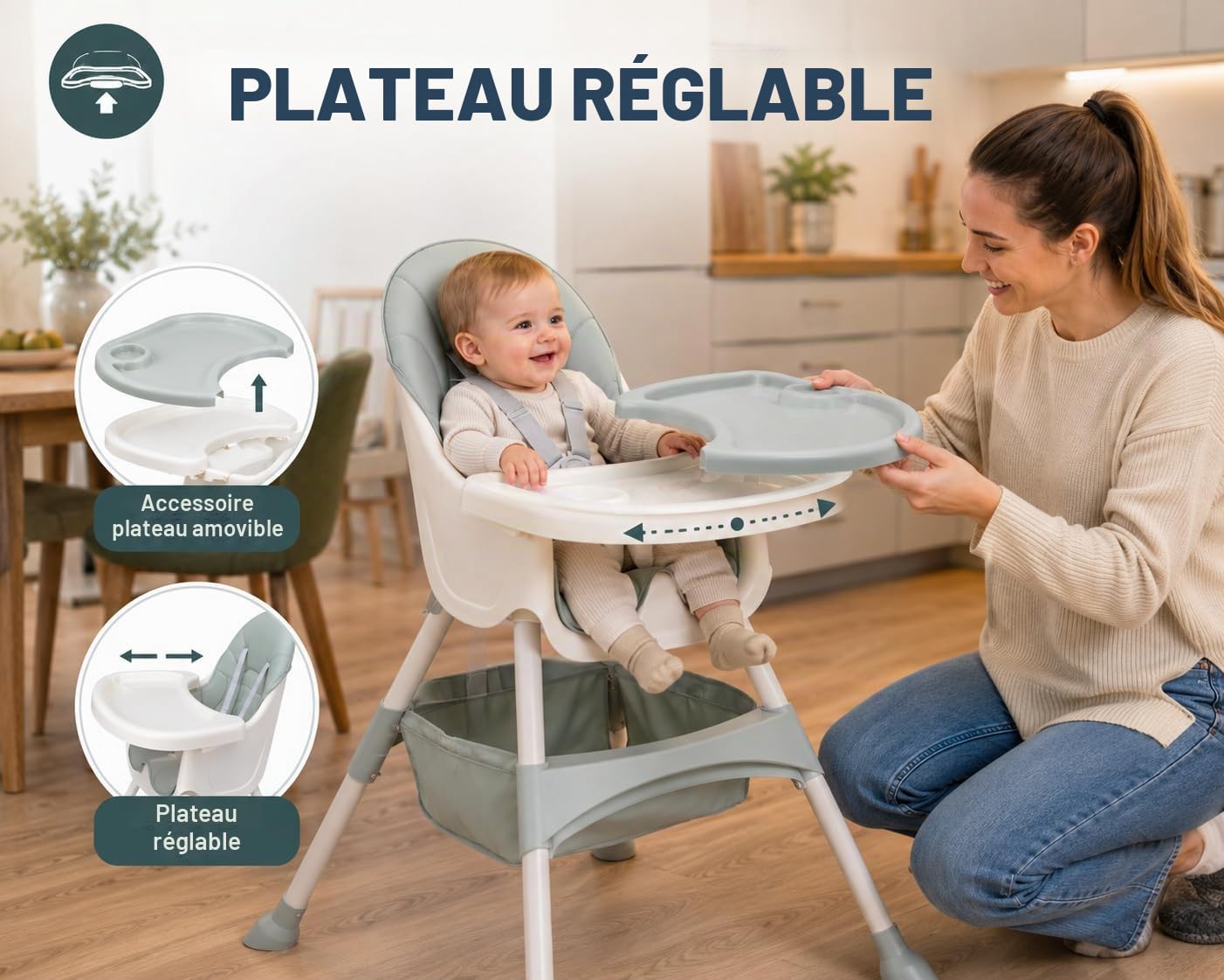 Baby Vivo Chaise haute Bébé 2 en 1 réglable pour Enfant avec Tablette Amovible de 6 Mois à 3 Ans - Panier suspendu - Oscar en Turquoise