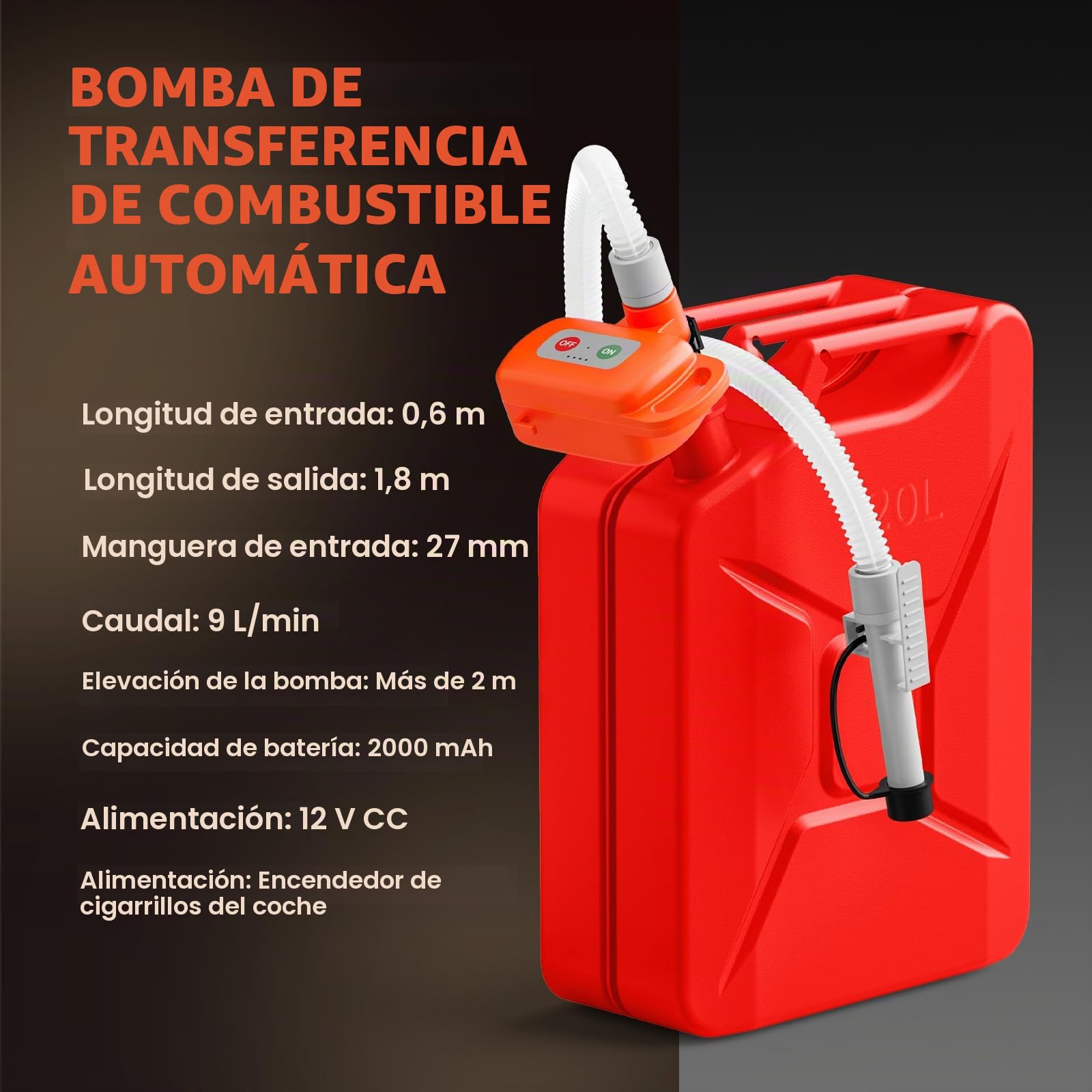Bomba Eléctrica de Transferencia de Combustible Sensor de Parada Automática 2,4 GPM Bomba Portátil Líquidos para Gasolina, Diésel, Aceite y Agua con Motor sin Escobillas y Batería de 2000 mAh